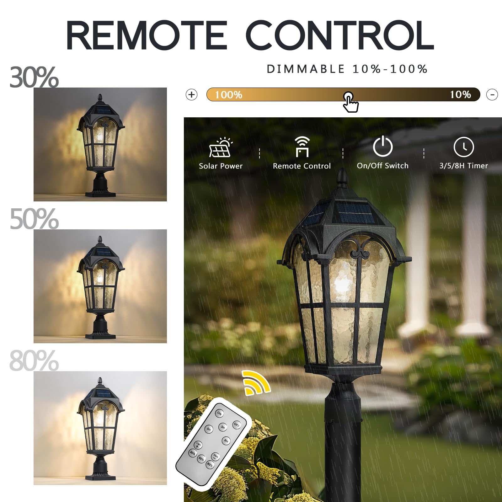 Emliviar Outdoor Solar Lamp Post Light, 22.1in Aluminum, Vintage Design, Black Finish, Water Grain Glass Shade, Model YXE302MP-SL BK