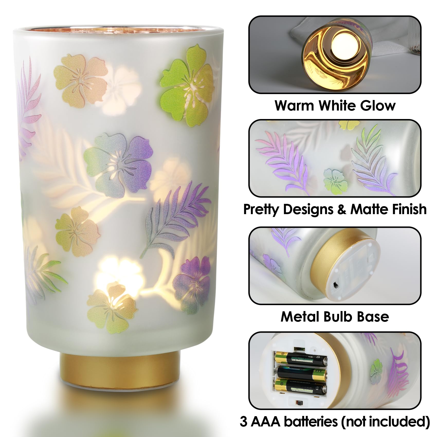 Eywamage Small Battery Operated Table Lamp, Glass Floral Lamp With Remote Timer, Cordless Accent Lamp Light For Bedroom Living R
