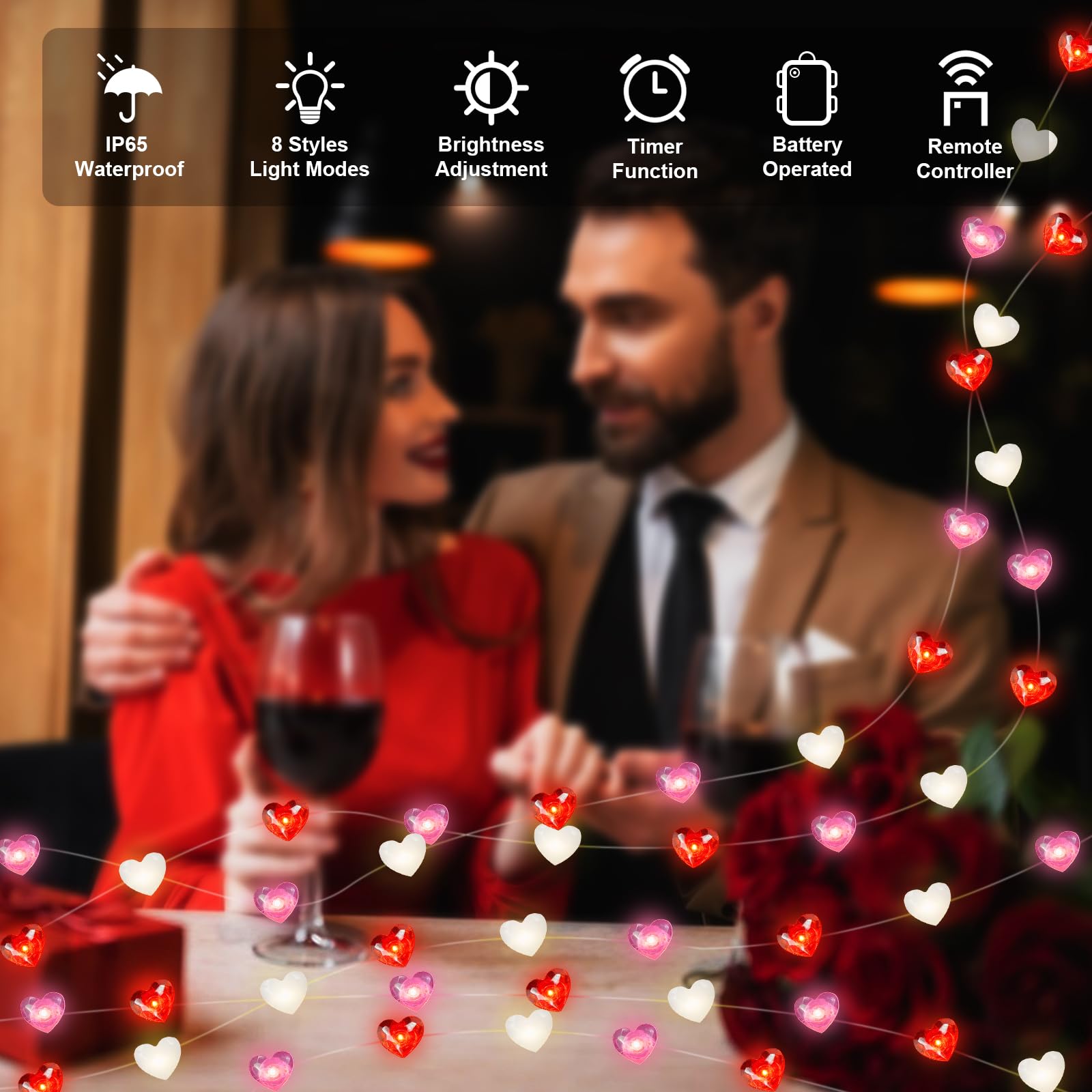 Valentines Day Heart Fairy Lights-14.4Ft 40Led Battery Powered Red Pink White Heart Twinkle String Lights With 8 Modes Timer Rem