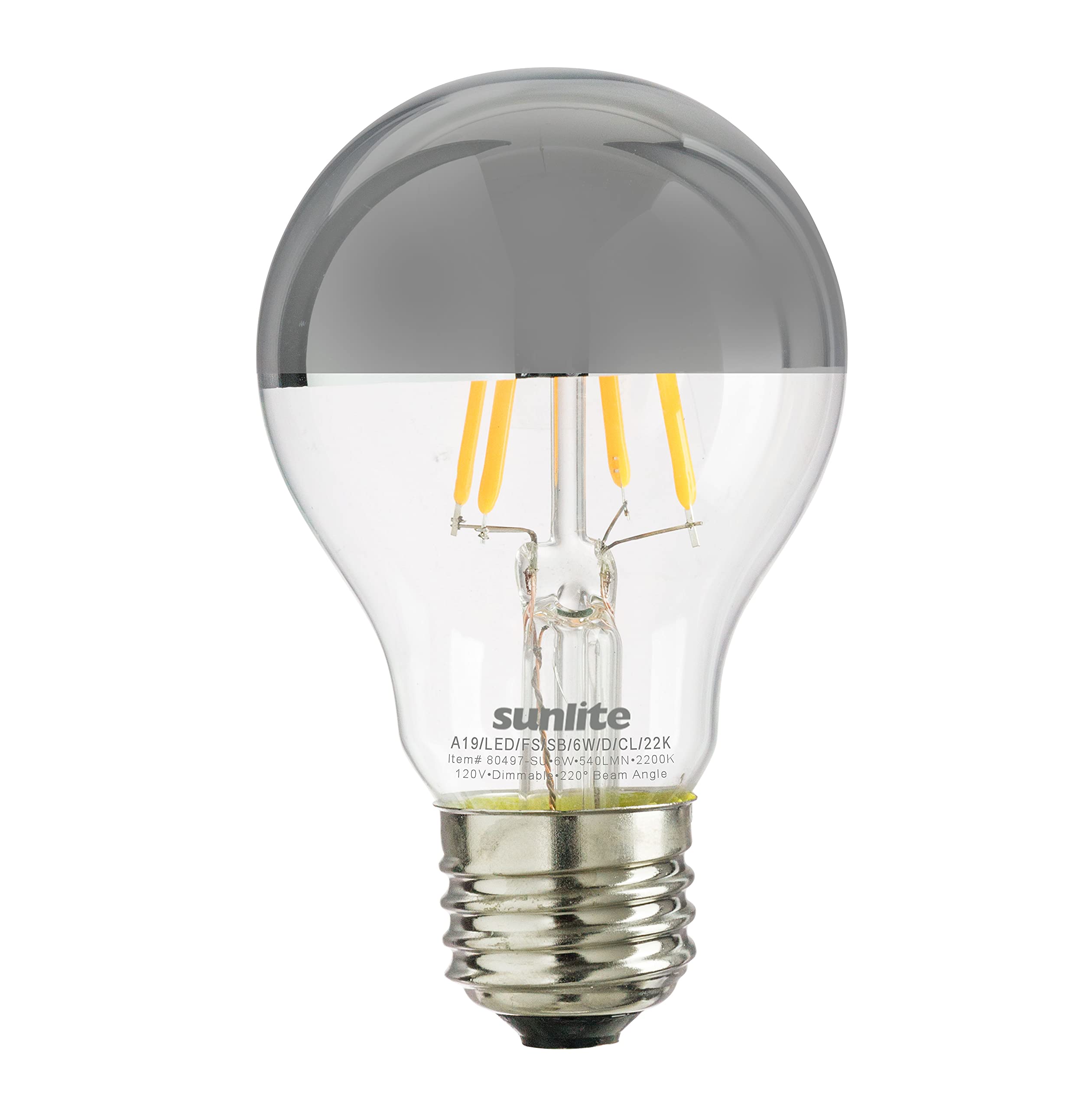 Sunlite 80497 LED A19 Edison Half Chrome Globe Light Bulb, 6 Watts (40W Equivalent), 540 Lumens, Standard E26 Base, Dimmable, De
