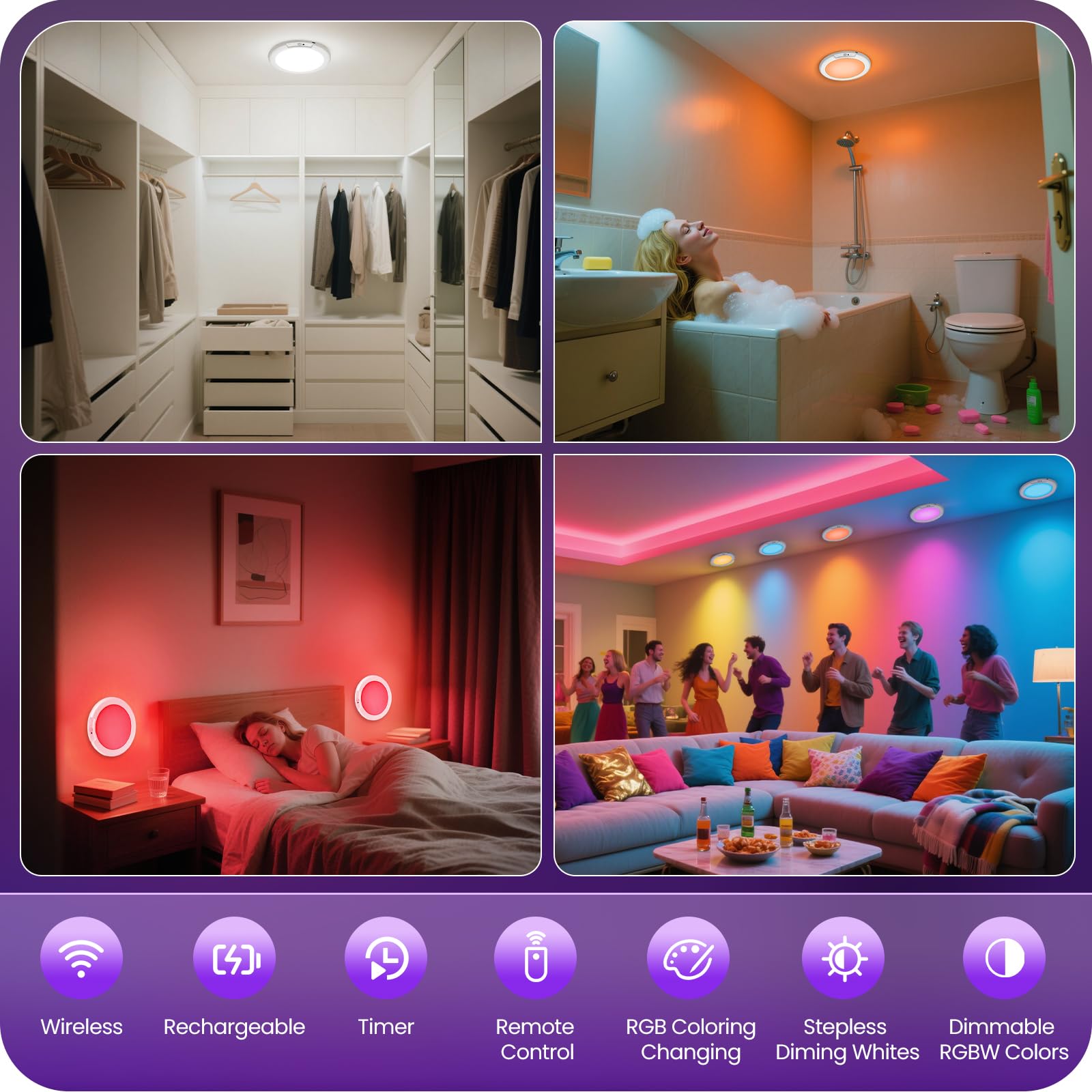 2 Pack Rechargeable Motion Sensor Ceiling Light With Remote, Rgbw Led Wireless Ceiling Light Fixture, Diy Colors, Color Changing