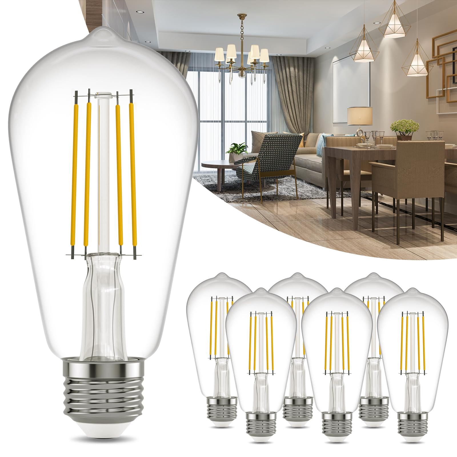 Kawaya E26 Led Edison Bulbs: 6-Pack 8W Equivalent 80W Dimmable Led Bulbs - Vintage St58 5000K Daylight White - 800 Lumens High B