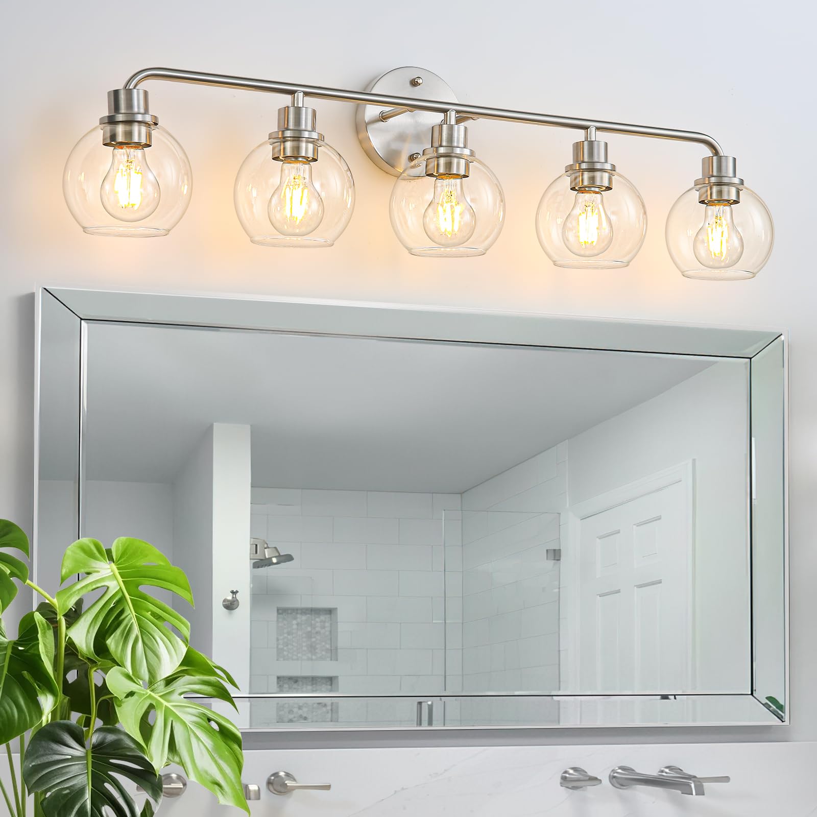 Bathroom Light Fixtures 5 Light Brushed Nickel Vanity Light Silver Modern Wall Sconces Lighting Bathroom Lights with Globe Glass Shade Bath Wall Lights for Mirror Kitchen Living Room Hallway 34.5 
