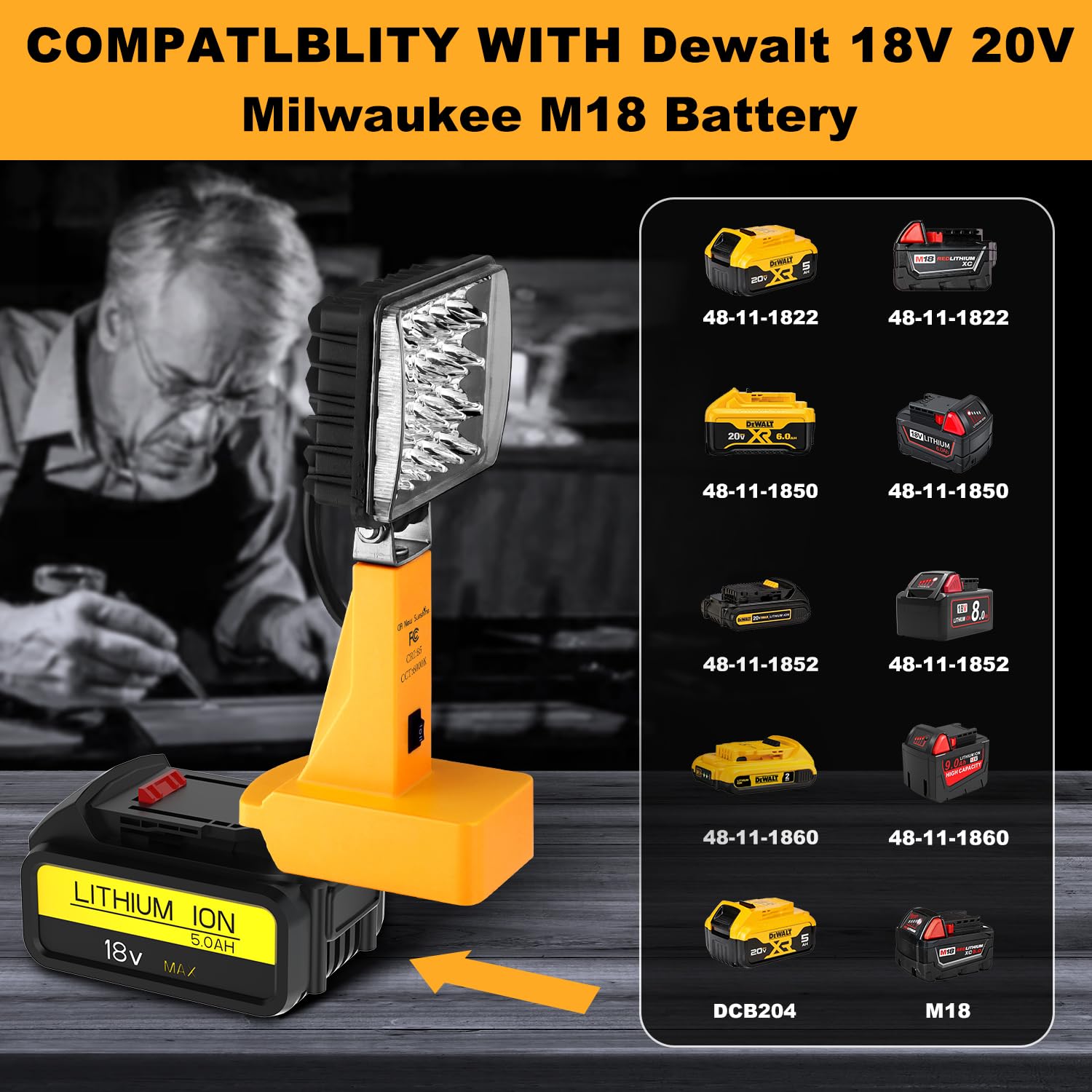 CA New Sunshine Cordless LED Work Light for Dewalt 20V/18V &Milwaukee m18 Battery,6000K Led Flood Light Outdoor 2 Brightness,Low