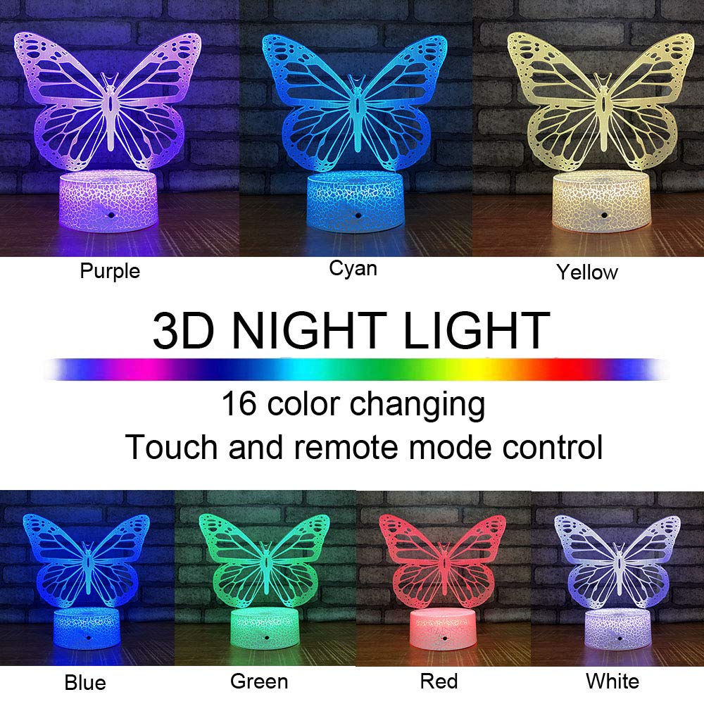Butterfly Night Light, Birthday Gift For Girls 3D Illusion Lamp Kids Bedside Lamp With 16 Colors Changing Remote Control Butterfly Toys Girls Gifts (Butterfly)