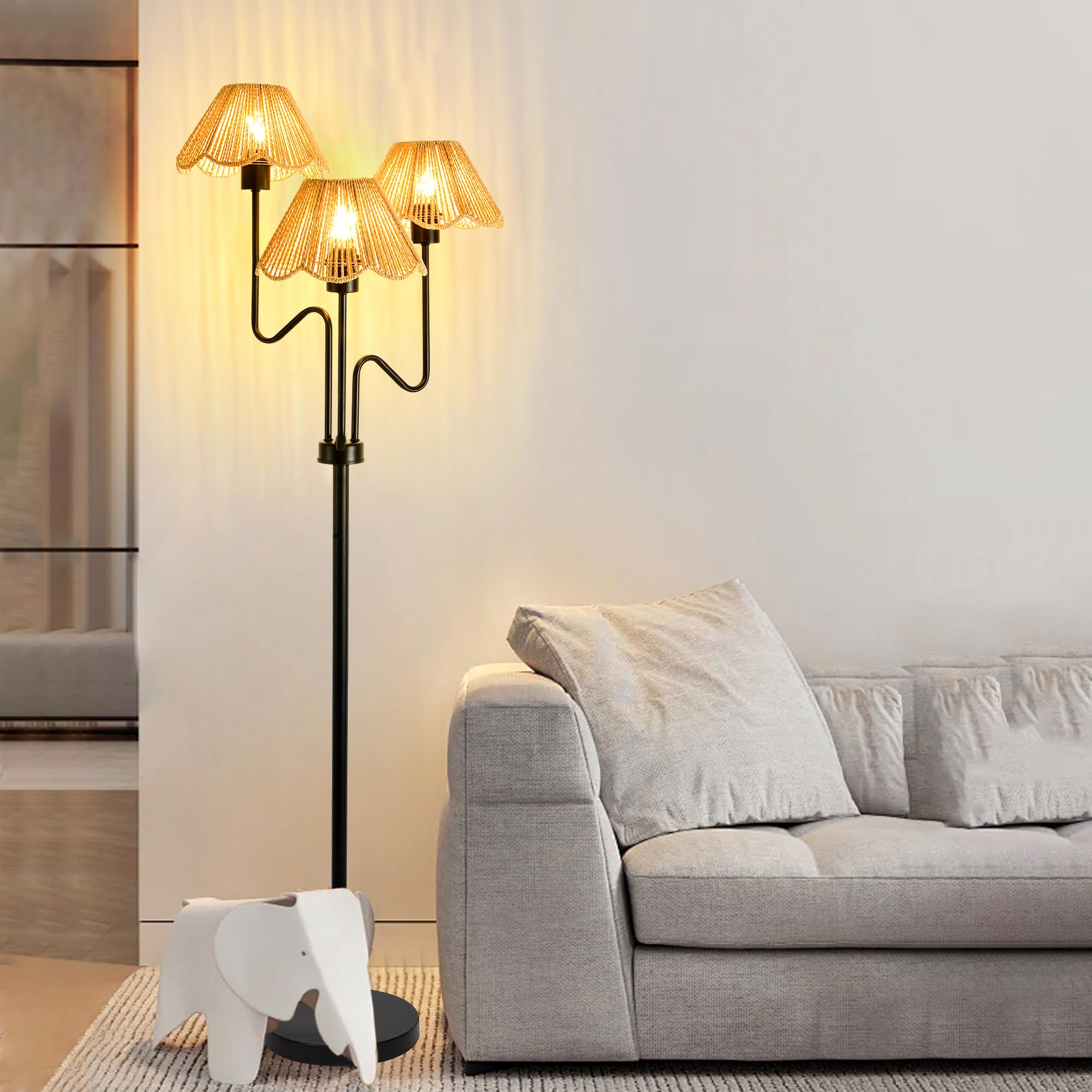 Zecoxol Rattan Floor Lamp For Living Room Bedroom,3-Light Floor Lamp With Remote Control,Boho Flower Lamp Black Tree Standing La