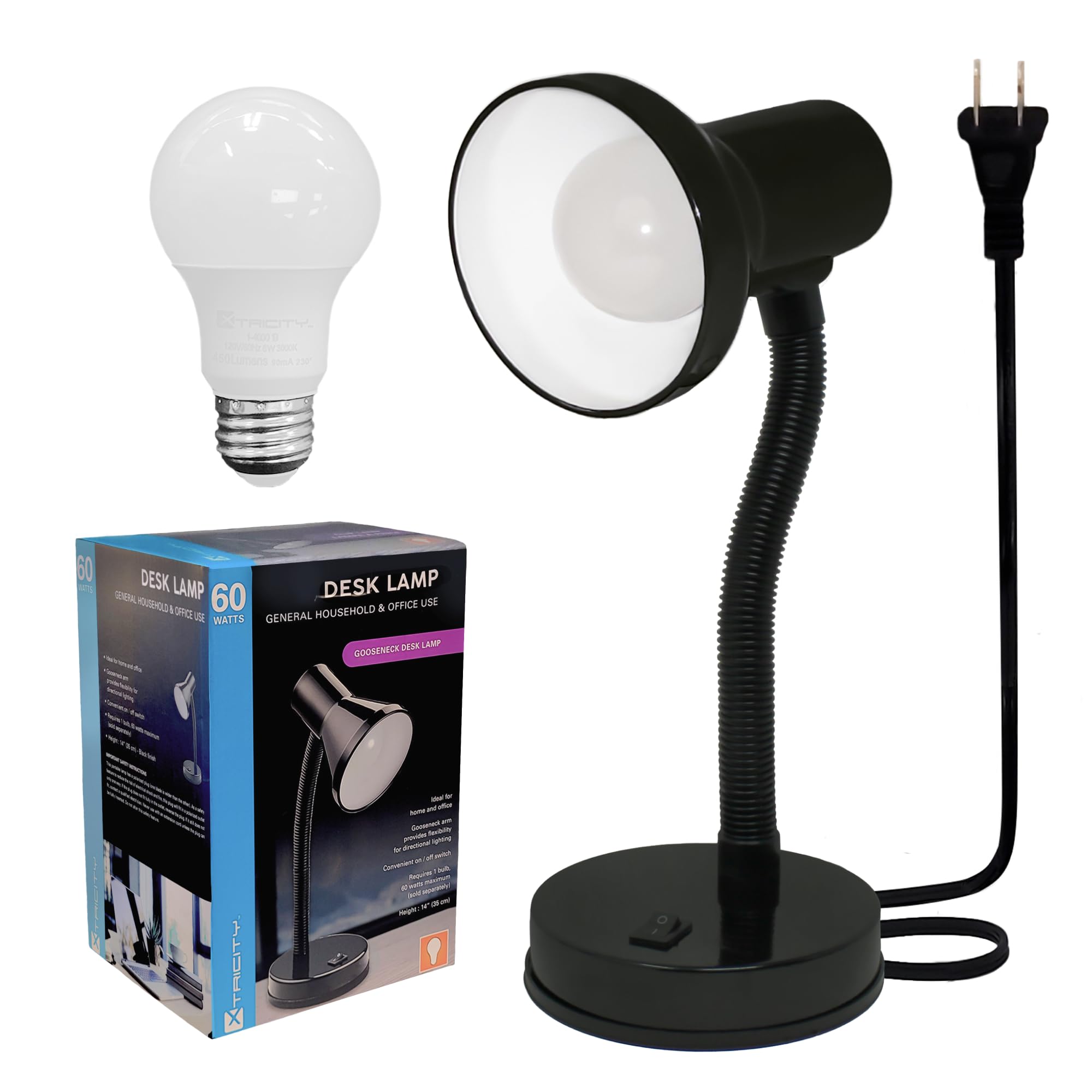 Xtricity LED Desk Light, 360? Adjustable Gooseneck, Home and Office Lamp with 7W A19 Bulb, 120V, On/Off Switch, 14Height - Readi