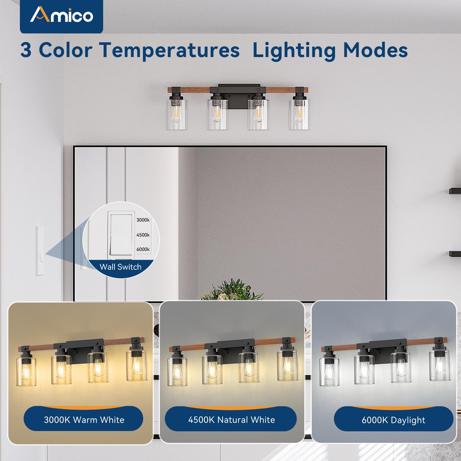 Amico 4-Light Rustic Bathroom Vanity Light Fixture, Black Industrial Wood Sconces with Bubble Glass Shade