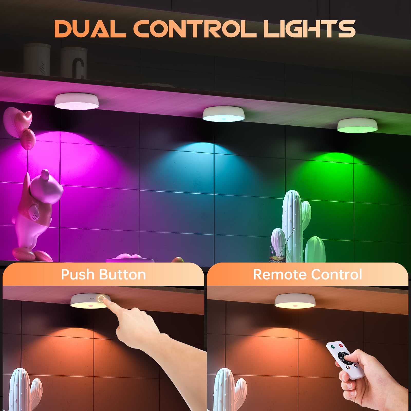 Wireless Motion Sensor Puck Lights, 8 Colors Changeable Rgb Led Closet Lights With Remote, Usb Rechargeable Battery Operated Puc