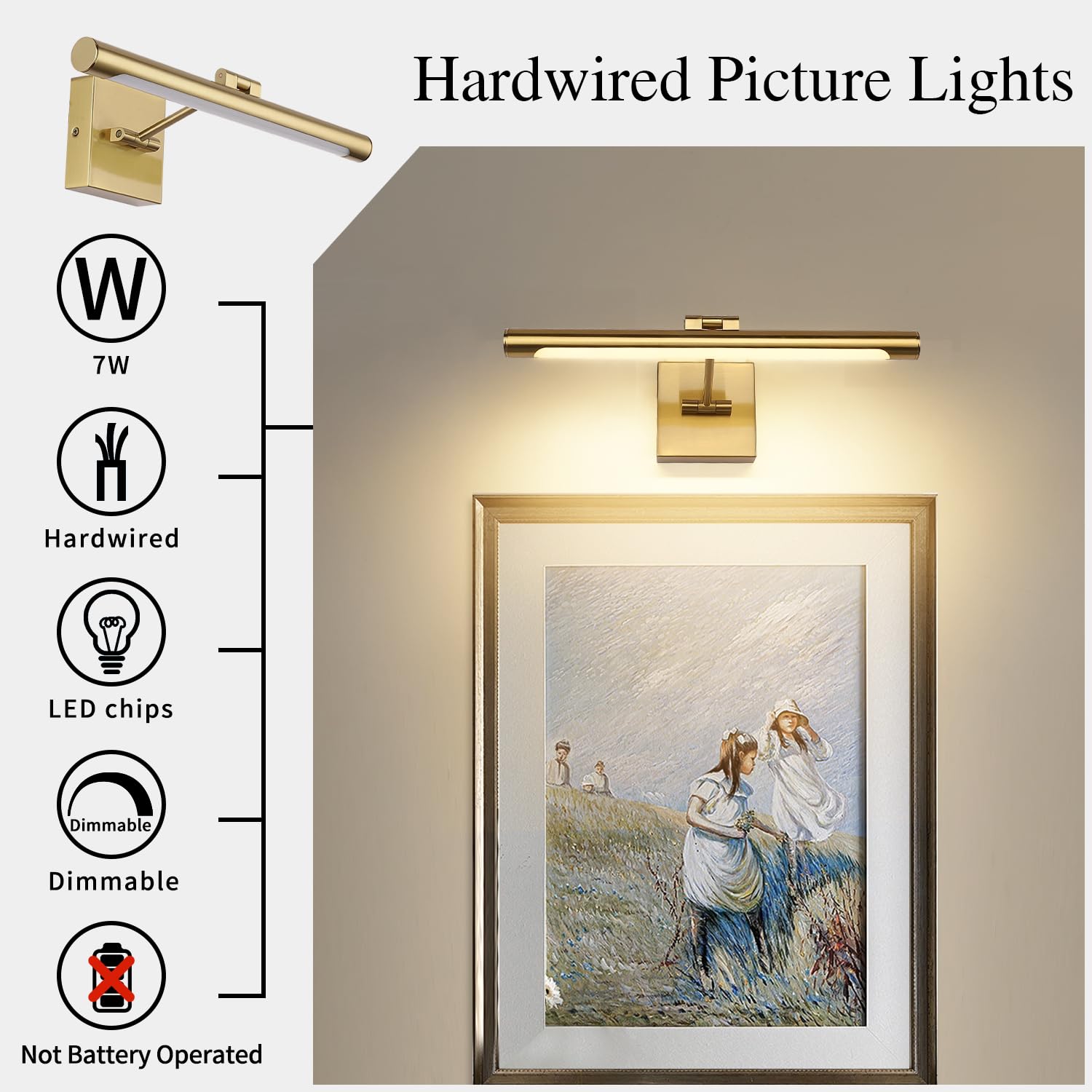 Joosenhouse LED Picture Light - 16.54" Dimmable Metal Lamp, Brass Finish, Hardwired, 9W (50W Eqv.), Modern Artwork Fixture