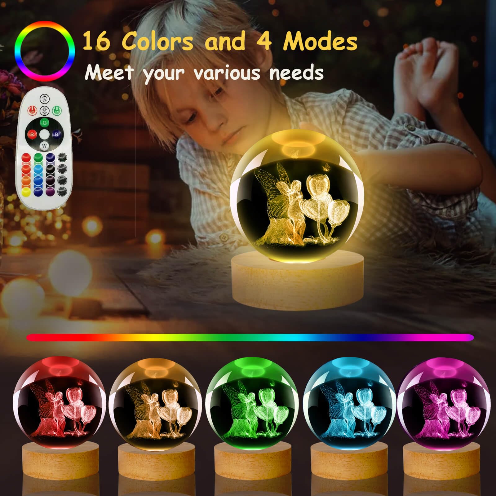 Linsina Fairy Lamp, 3.15In 16 Colors Crystal Ball Night Light With Wooden Base And Remote Control, Birthday Gift And Fairy Gifts