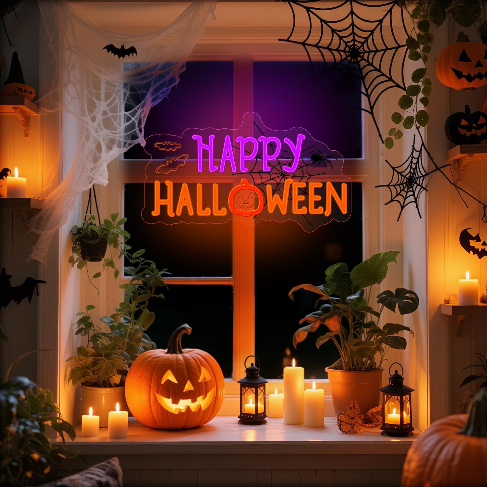Halloween Neon Sign For Halloween Wall Decor Dimmable Neon Light Bat & Pumpkin Light Up Signs For Halloween Bedroom Horror Party Bar Background Decoration