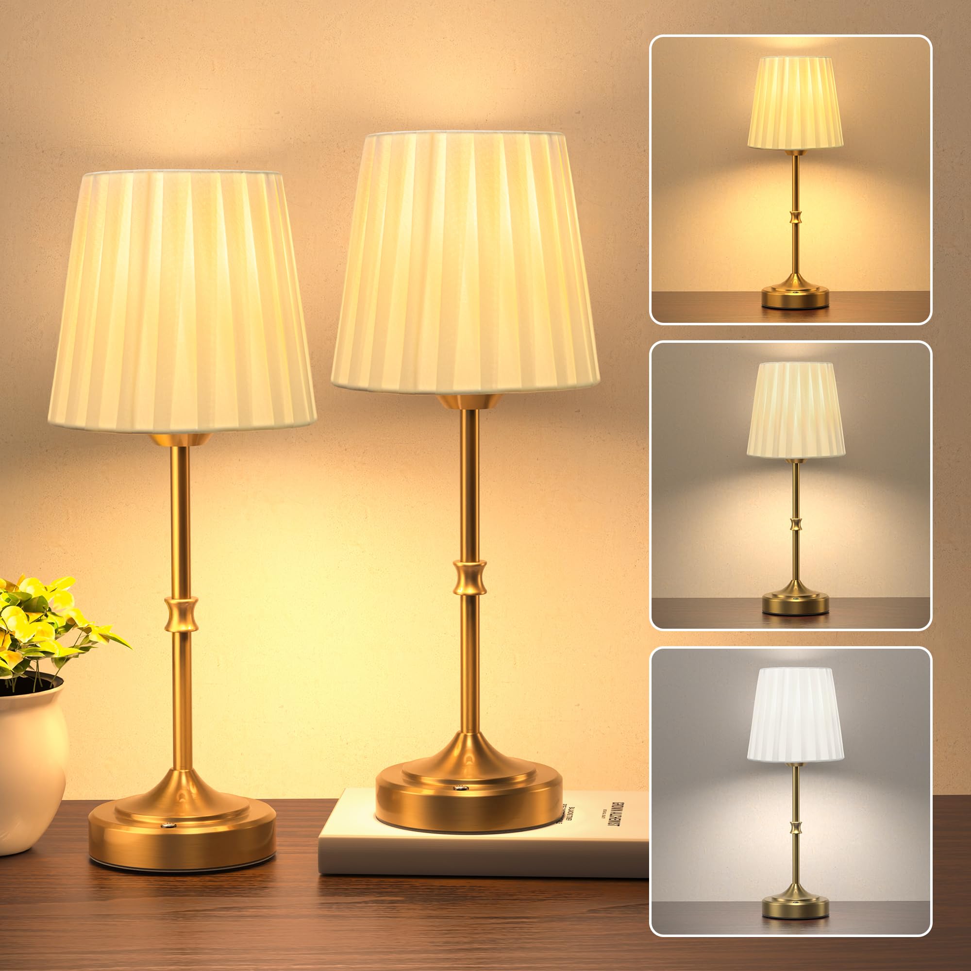 Jackyled Portables Cordless Table Lamp  3 Color Light Fabric Shade Vintage Gold Desk Lamp  5400Mah Led Rechargeable Table Lamp  Dimmable Light For Dining Room  Bedroom Bedside  Entryway Decor  2 Pack