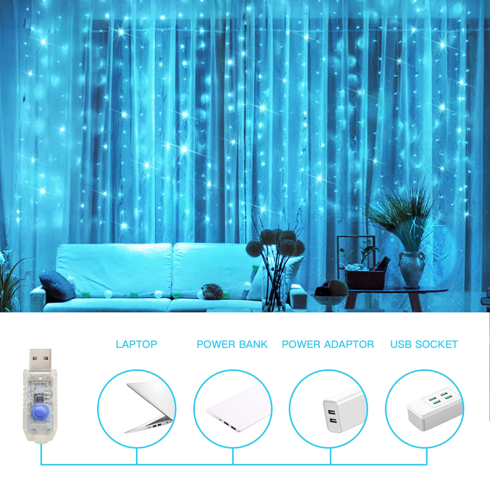 suddus 200 LED Aqua Curtain Lights - Waterproof Fairy String Lights for Bedroom, Wedding, Party, Garden, and Porch Decorations