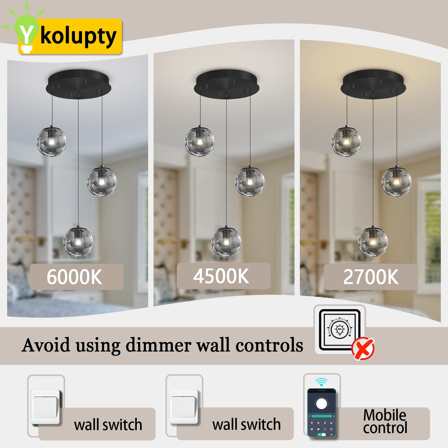 ykolupty 3-Light Black Pendant Light, Smoke Gray Glass Globe, Adjustable Hanging Fixture for Kitchen Island, Model TP3016-YH-3H
