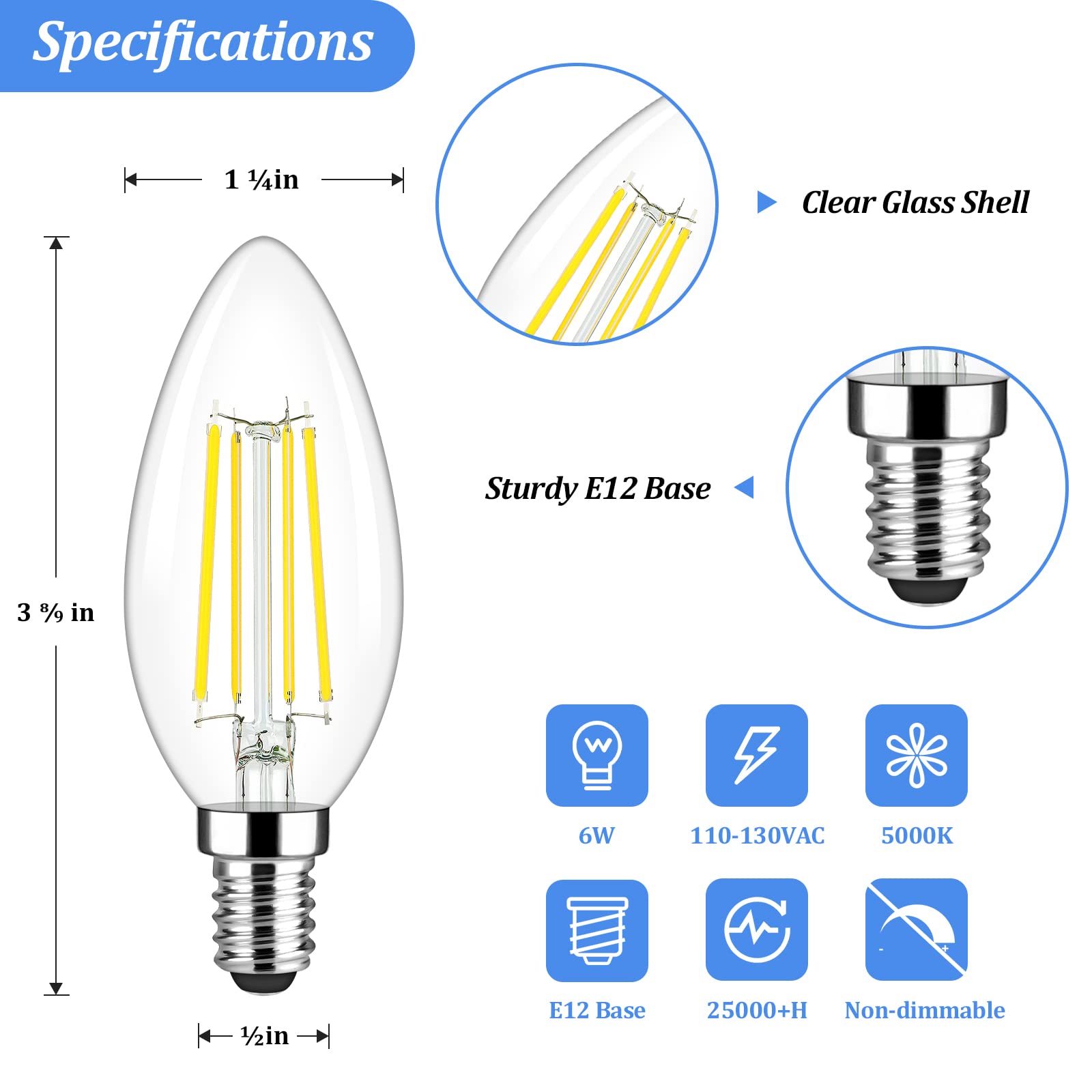 Brightever E12 Candelabra LED Bulbs, 60W Equivalent, 620 Lumen, Daylight White 5000K, Clear Filament, Non-Dimmable, Pack