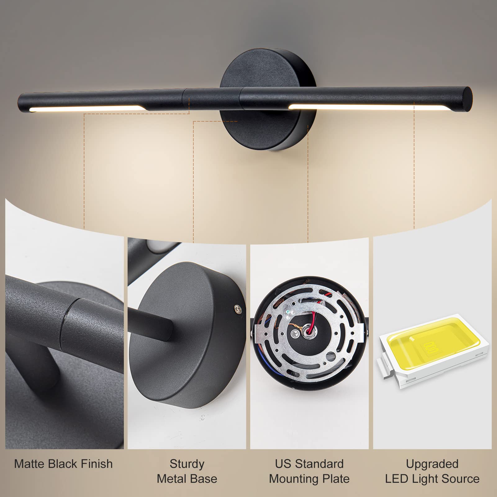 LINSEEDS Bathroom Light Fixtures, 24 Inch, 18W Dimmable LED, 4000K, Matte Black, Model RD-7516-2-BK