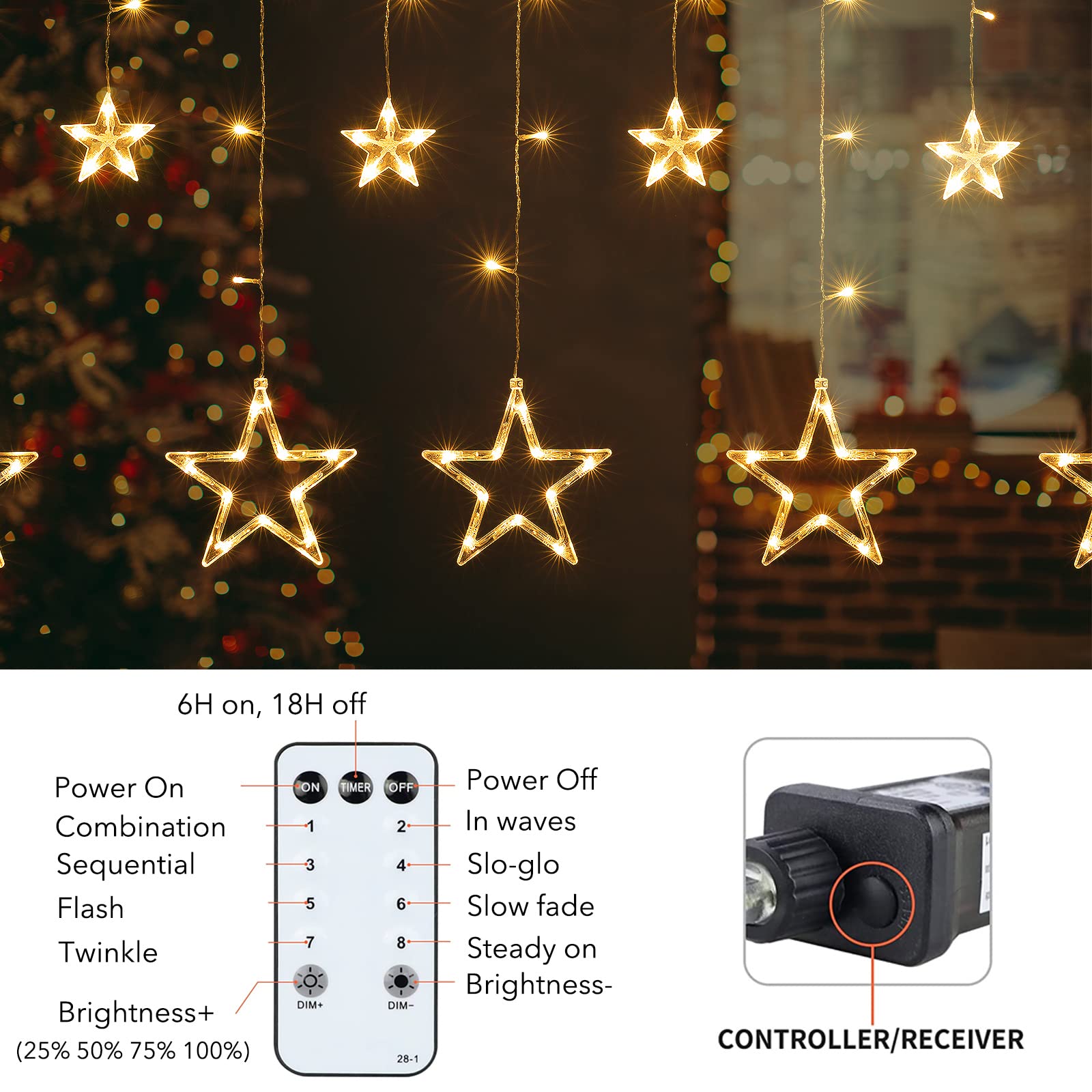 Star Curtain Lights For Bedroom - Plug-In 9Ft 138 Led Fairy Twinkle Lights With 12 Star Drops, Connectable Window Lights With Remote 8 Lighting Modes For Indoor Xmas Ramadan Decoration, Warm White