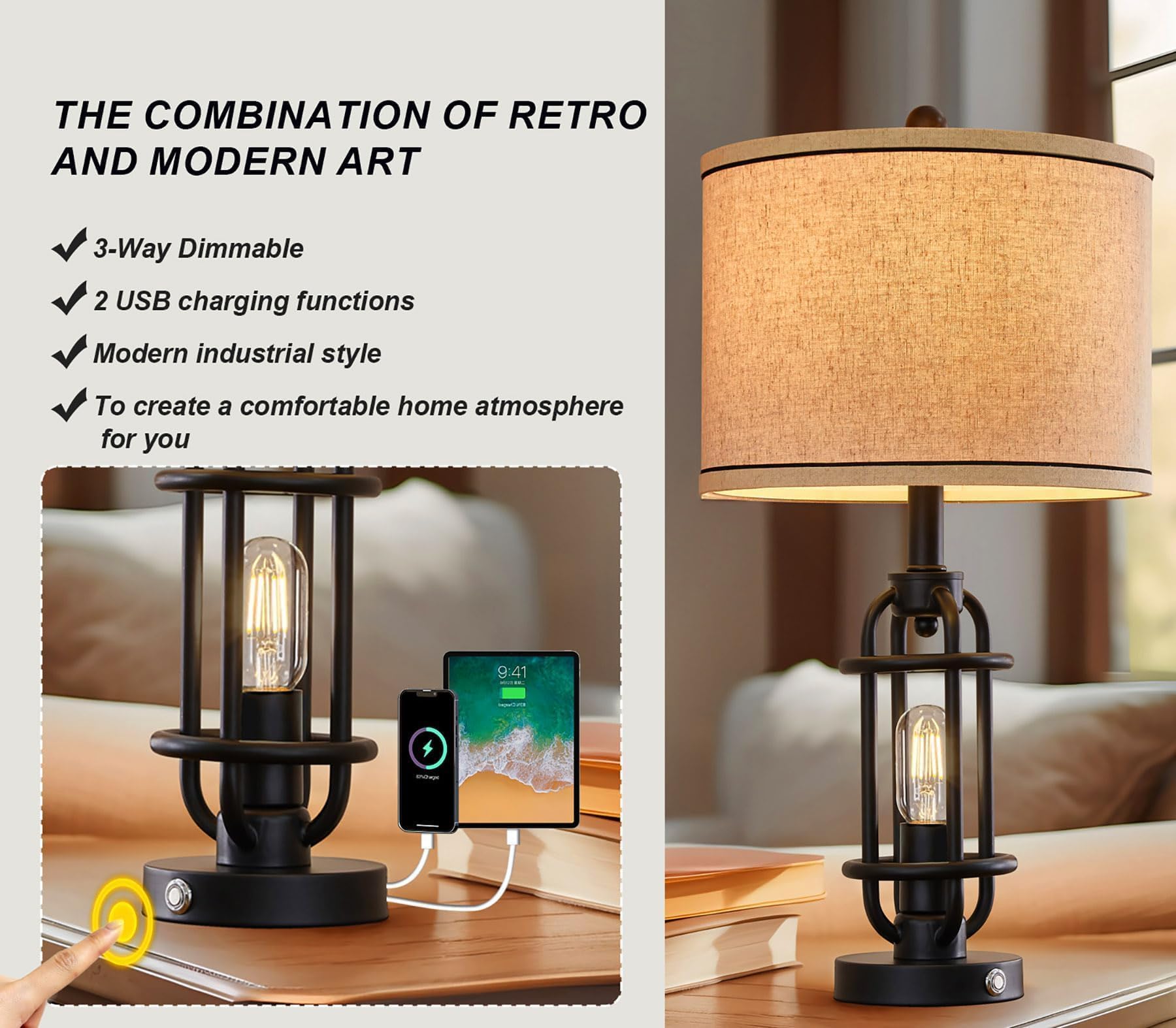 G-Safava 23.75'' Black Metal Table Lamps Set Of 2 With Usb Ports For Living Room & Nightstand