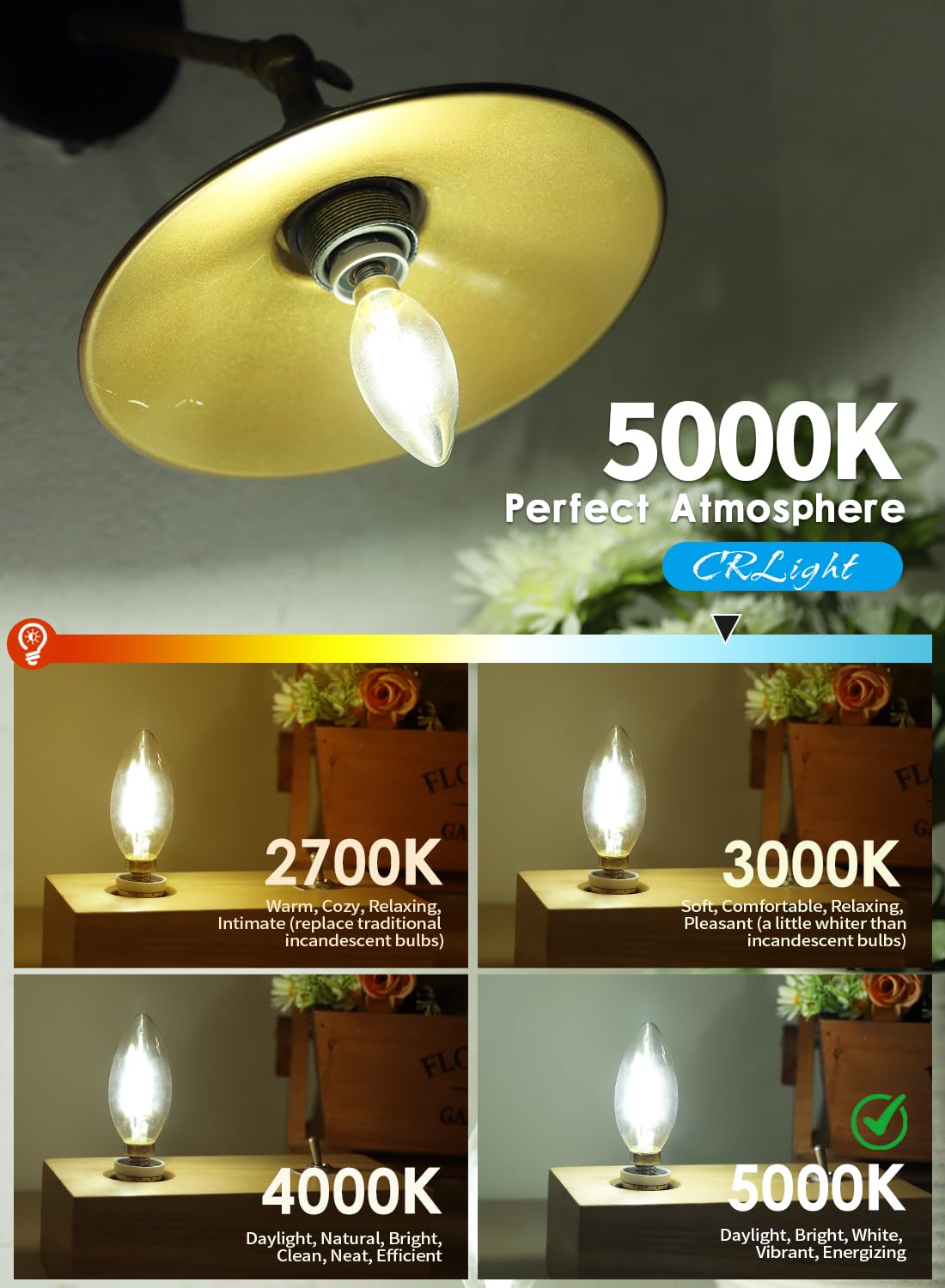 CRLight LED Candelabra Bulbs, 2W, 250 LM, Daylight White 5000K, E12 Vintage Edison, 12 Pack, Clear Glass