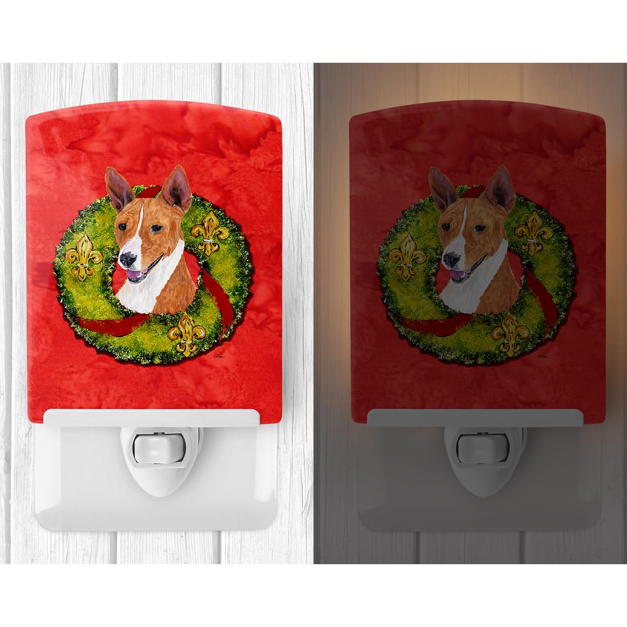 Caroline'S Treasures Sc9089Cnl Basenji Christmas Wreath Ceramic Night Light Compact, Ul-Certified, Ideal For Bedroom, Bathroom, Nursery, Hallway, Kitchen, 6X4X3, Multicolor