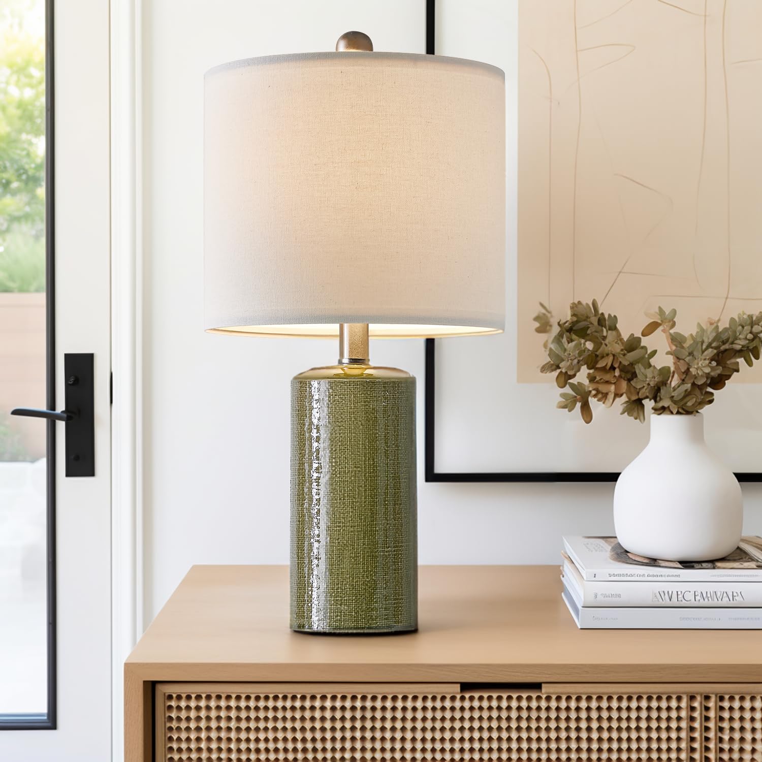 G-SAFAVA Modern Ceramic Table Lamps Set of 2, 20.25" Green Bedside Lamps for Living Room, Boho Style, Model AMZ-T1109GR0-XW