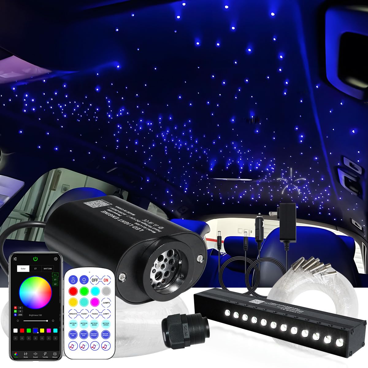 AZIMOM Mini 6W Fiber Optic Starlight Headliner + 180pcs Meteor Shooting Star, 9.8ft, Black, Model QJ-L006