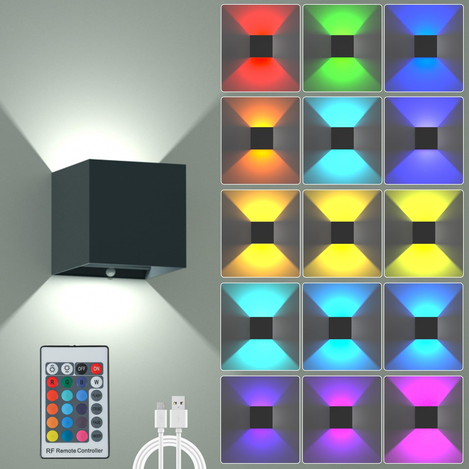SURPALIG LED Wall Light, RGB 16 Colors, Battery Operated, Dimmable, Remote Control, 6000mAh, Black, 1PCS