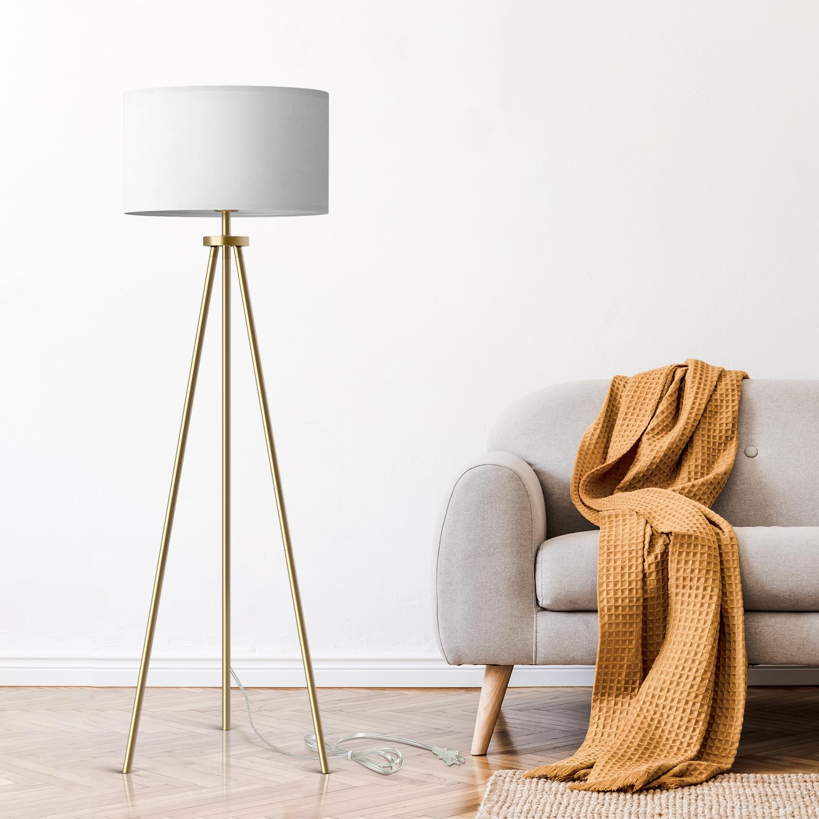 ALLDIO Tripod Floor Lamp, Modern Brass Standing Lamp with Drum Shade, 9W LED Bulb Included, White