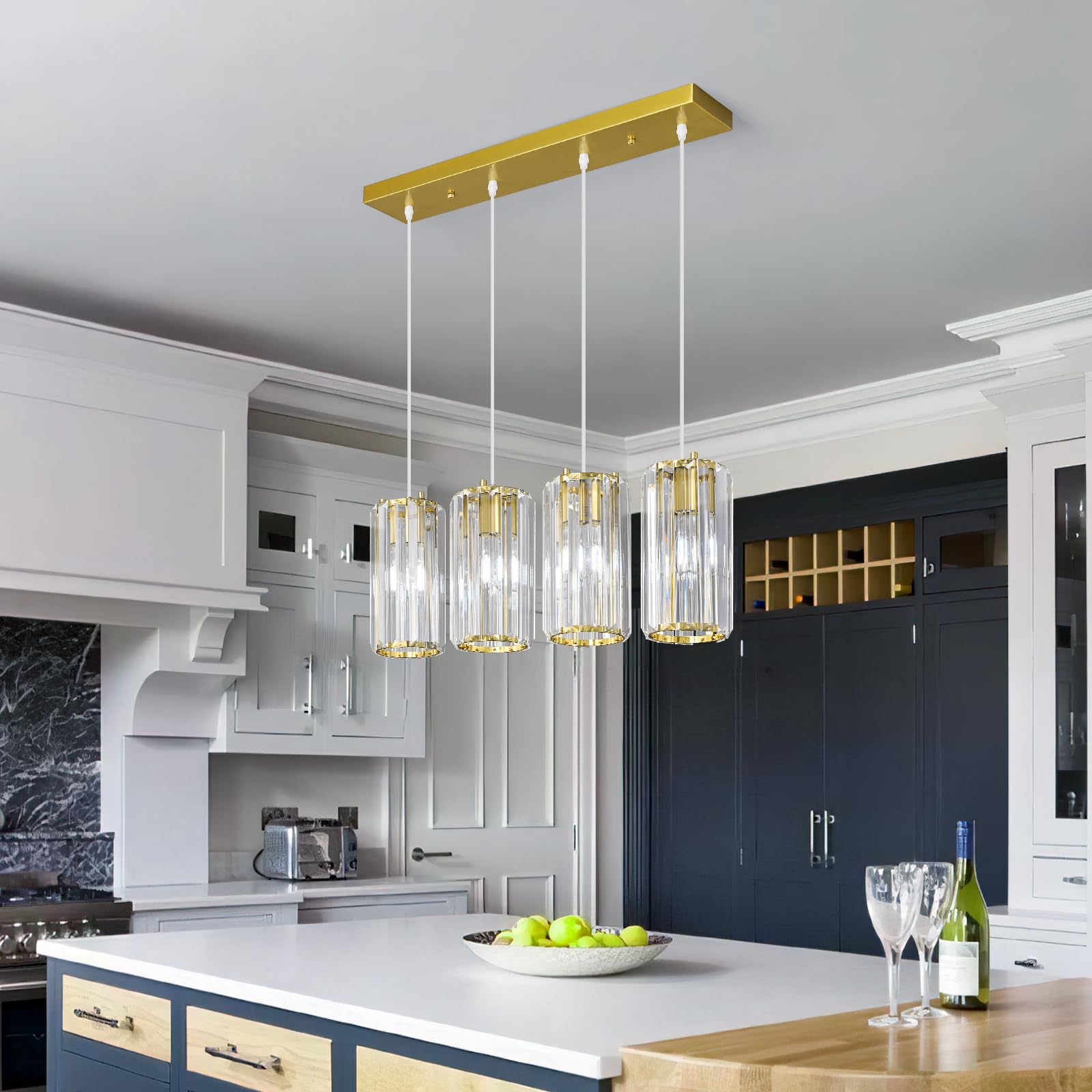zhllmq Gold Pendant Light Fixture - Modern Mini Crystal Chandelier, Adjustable 4-Light for Kitchen Island, Dining Room, Bedroom