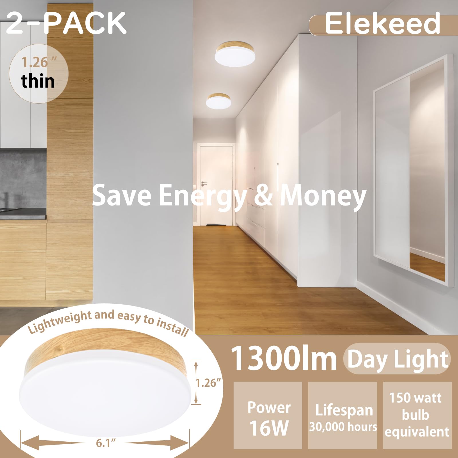 Elekeed 2-Pack Dimmable Led Flush Mount Ceiling Light Fixture 16W, Modern Round Small Ceiling Light Wood Pattern, 6.1    Minimal