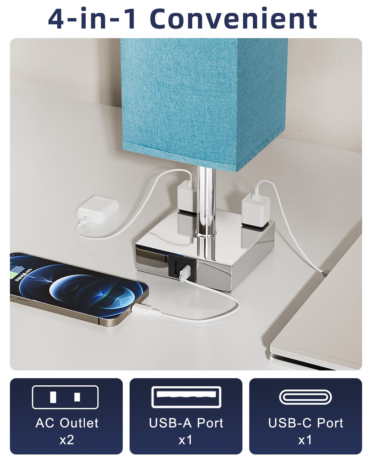 aooshine Touch Bedside Table Lamp - 3-Way Dimmable, USB A & Type C Ports, 14in, Turquoise & Silver, E26 Bulb, Model 3
