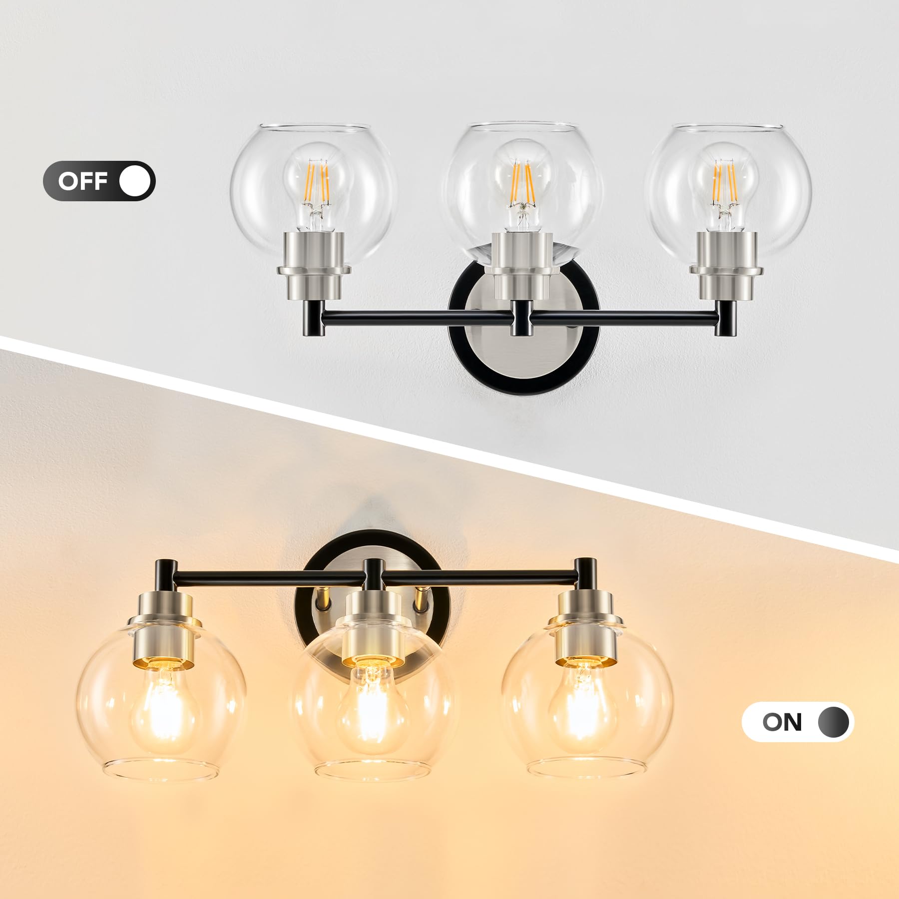 Vonluce 3-Light Vanity Light With Globe Glass Shades, E26 Sockets; Bathroom & Bedroom Hallway Living Room Light Fixtures, Black