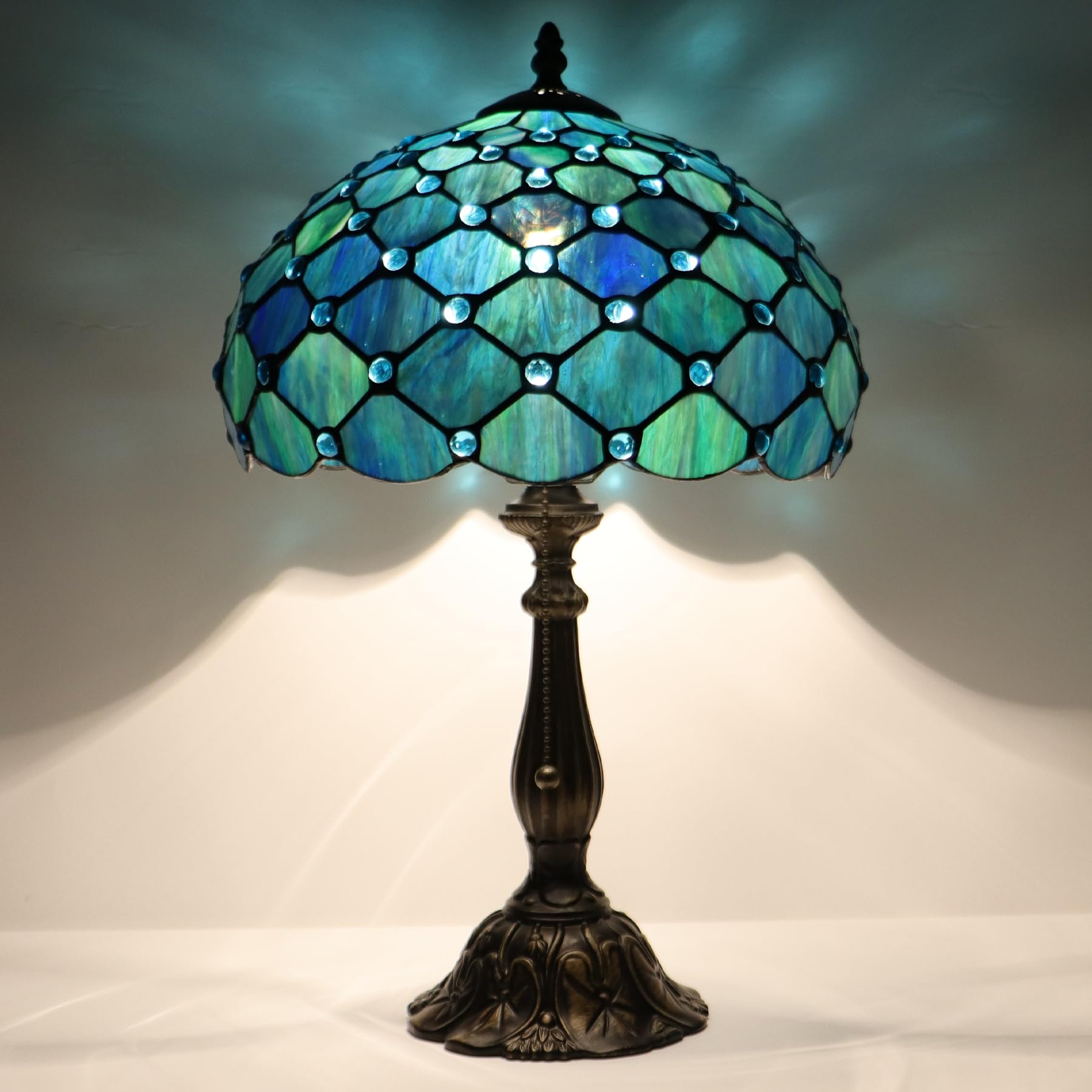 LXHCYOU Tiffany Lamp Stained Glass Table Lamp Bedside Reading Light W12H19 Inches (Sea Blue Pearl Style)