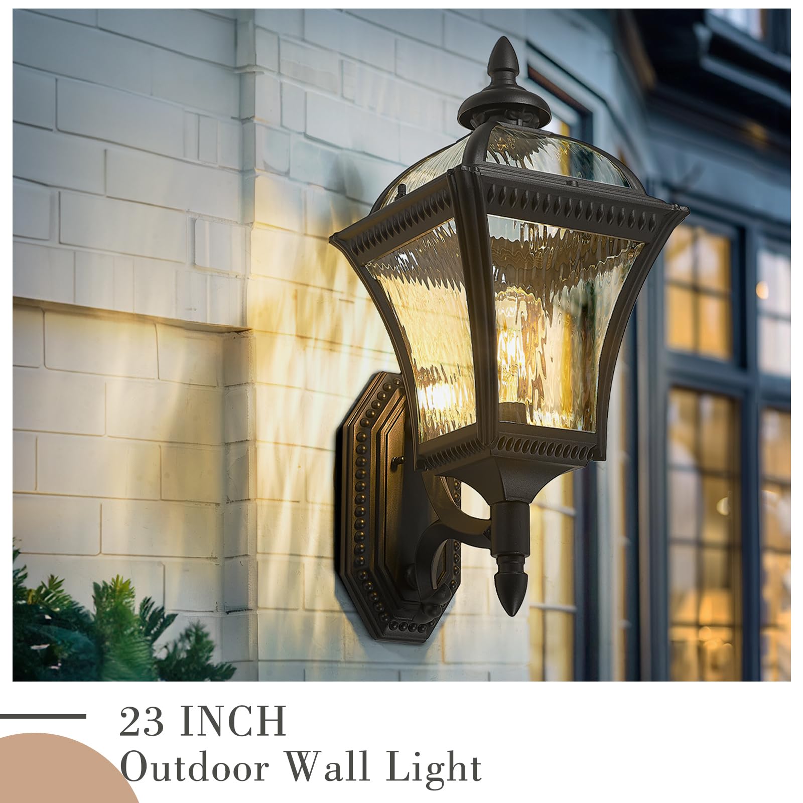 Emliviar 23 Inch Outdoor Light Fixture Wall Mount, Modern Black Outdoor Wall Sconce With Water Ripple Glass, Weatherproof Exteri