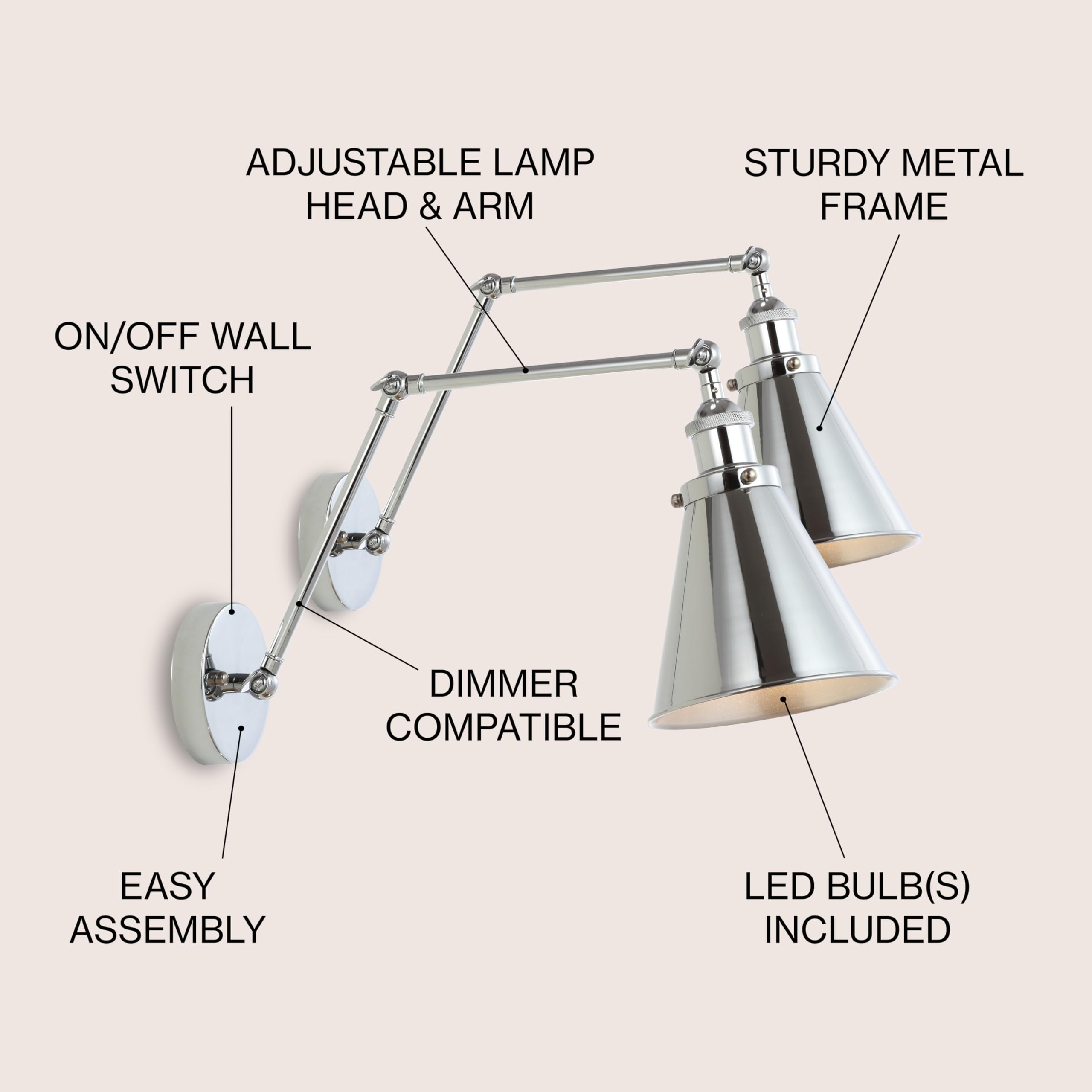 JONATHAN Y 7" Farmhouse Industrial LED Wall Sconce, Chrome, Set of 2, Model JYL7460A-SET2, Rustic Bohemian Style for Entryway,