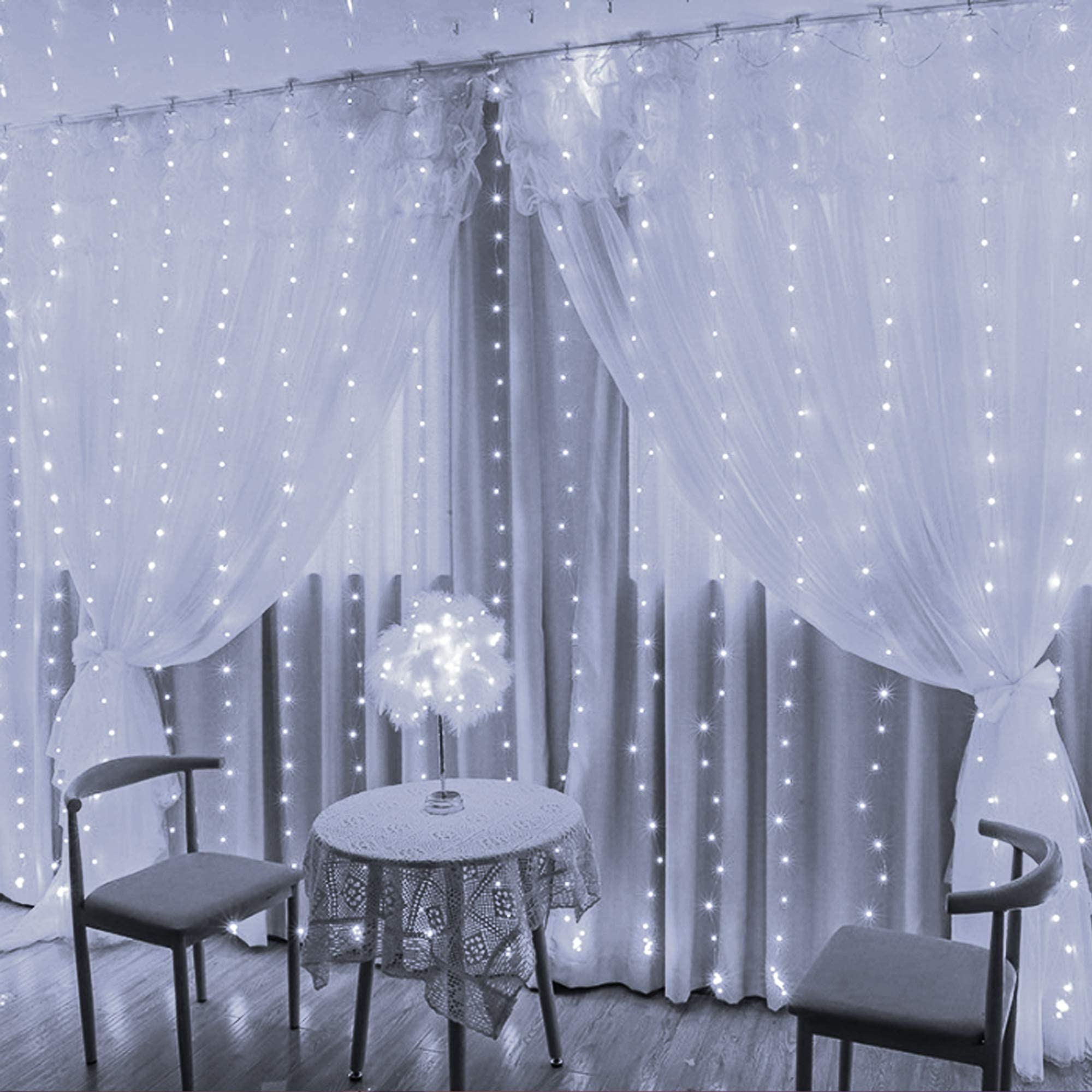 Funpeny Window Curtain String Lights, 300 Led 8 Lighting Modes Fairy Lights Usb Powered, Waterproof Lights For Christmas Bedroom Party Wedding Home Garden Wall Decorations (White)