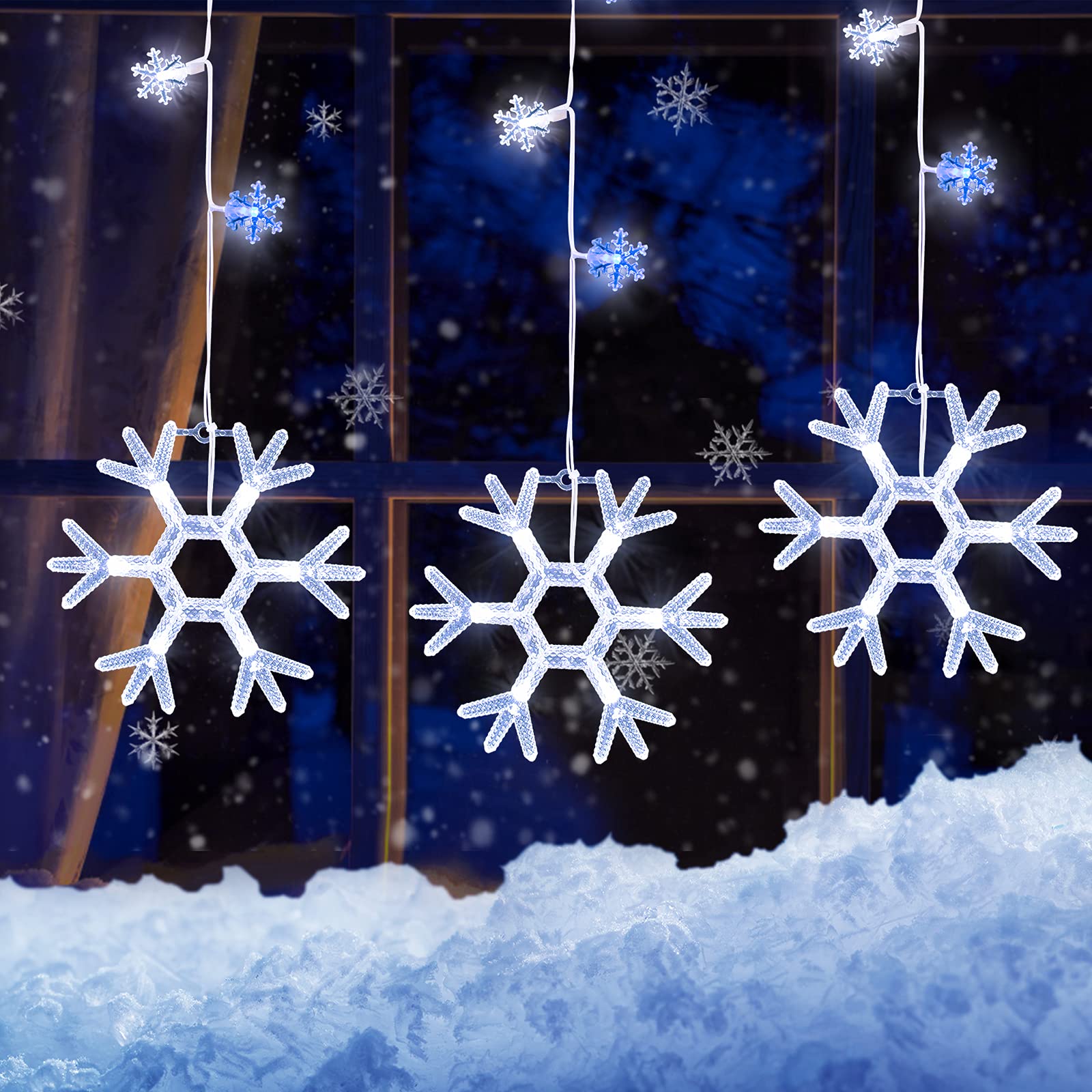 Minetom Christmas Snowflake Icicle Lights Outdoor - Plug-in 7ft 7 Drops 80LED Snowflake Lights, Connectable for Outdoor Porch Ea