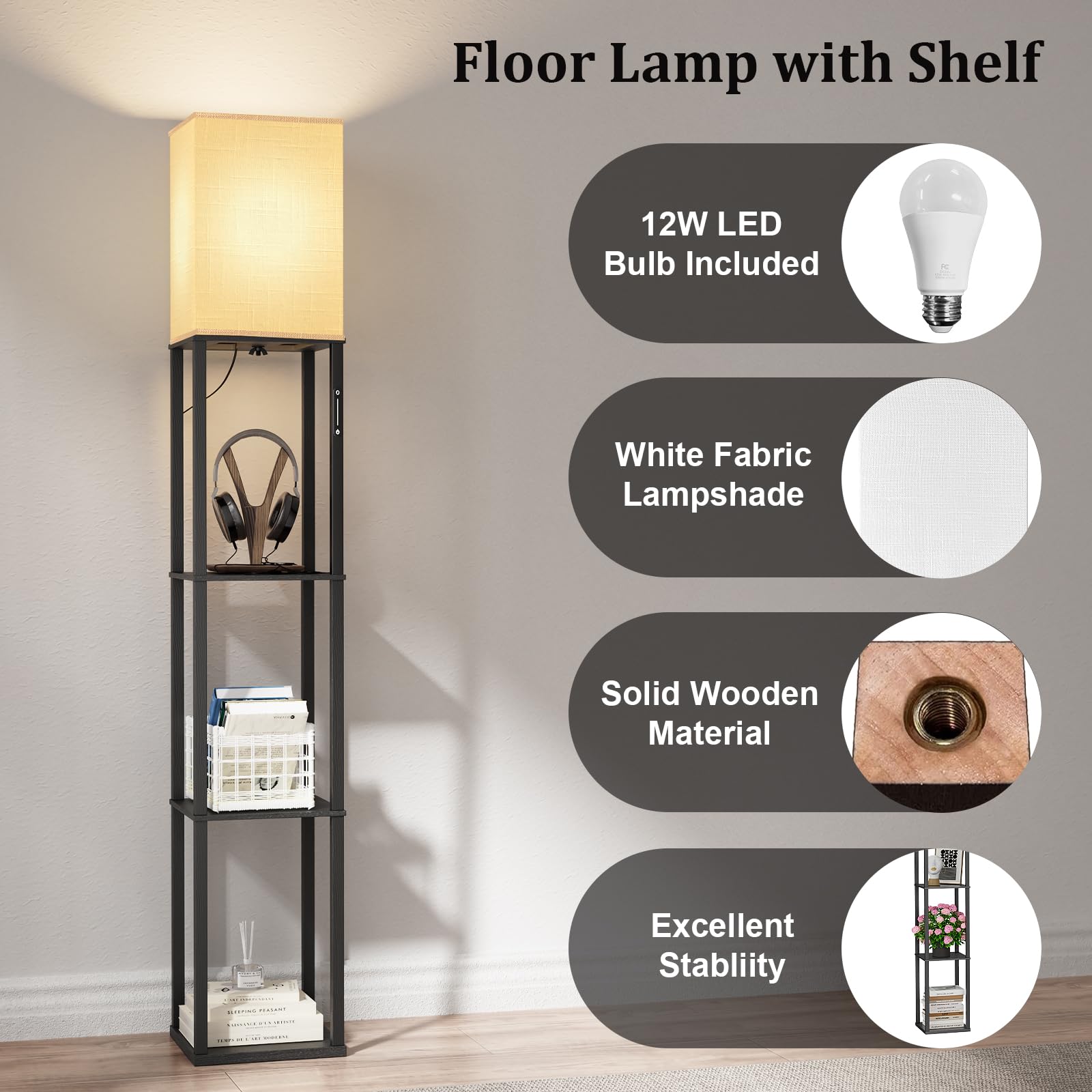 Jeagop Floor Lamp with Shelves, Modern Wood Shelf Standing Lamp with 3 Tier Storage, Remote & Touch Control, Corner Tall Bookshe