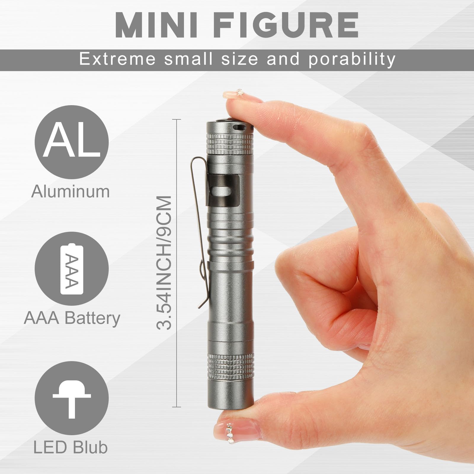 Hortsun Mini Pen Light Flashlights - 20 Pcs LED Handheld Torches, 3.54 Inch, Silver Gray, Aluminum, Pocket Size