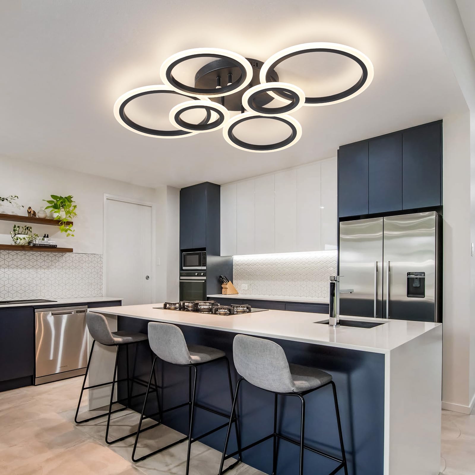 Shine Luest 6 Rings Black Modern Led Ceiling Light Fixture, Flush Mount Ceiling Light With Remote Dimmable Brightness, Adjustabl