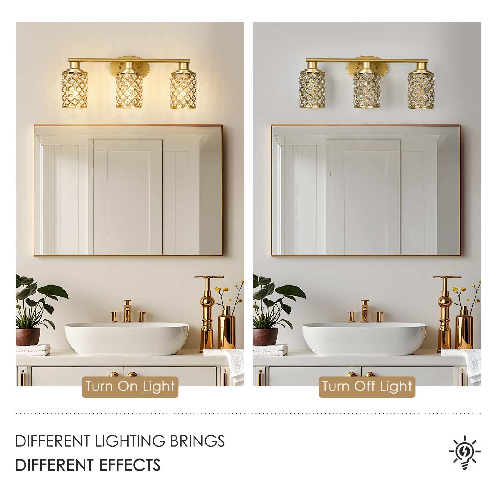 Niloah 3 Light Gold Vanity Light Fixtures, Modern Farmhouse Vanity Light, Bathroom Lights Over Mirror,Crystal Vanity Lighting Fixtures For Bathroom,Powder Room
