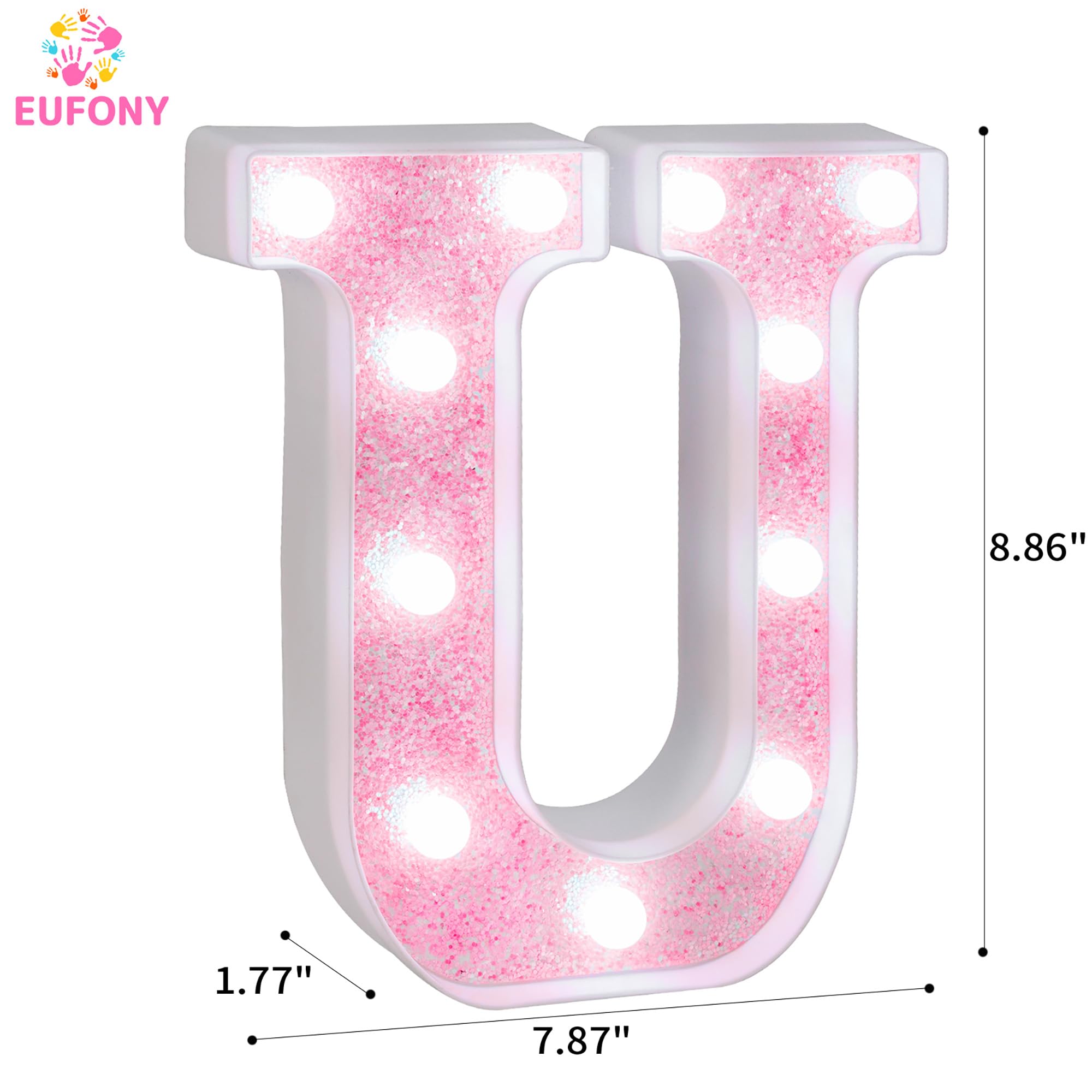 eufony LED Marquee Light Letter U, Glitter Pink, Battery-Powered, Cool White Lights, Wall & Table Decor