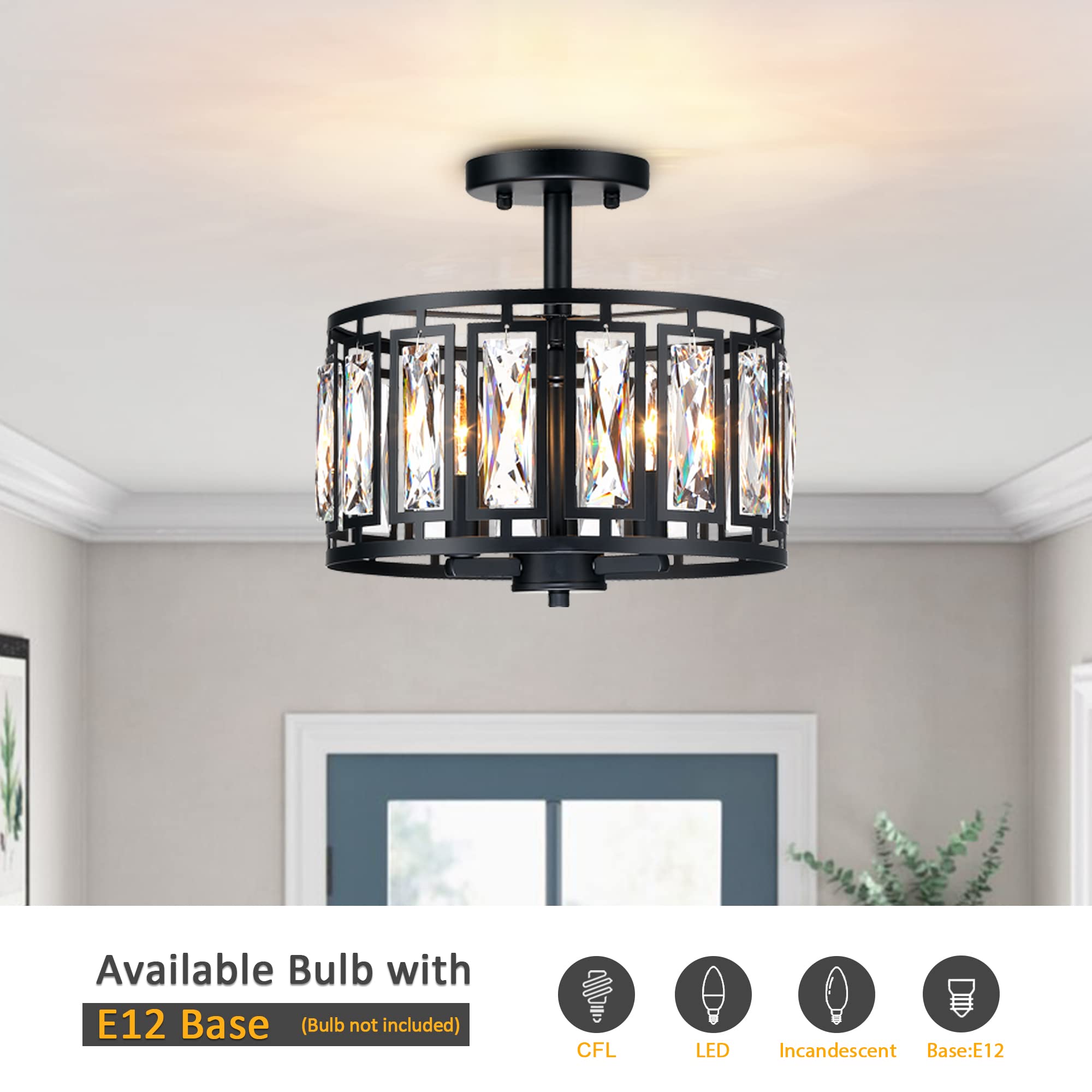 Modern Crystal Semi Flush Mount Ceiling Light Black Close To Ceiling Light Fixtures,3-Light Ceiling Light For Dining Room Bedroo