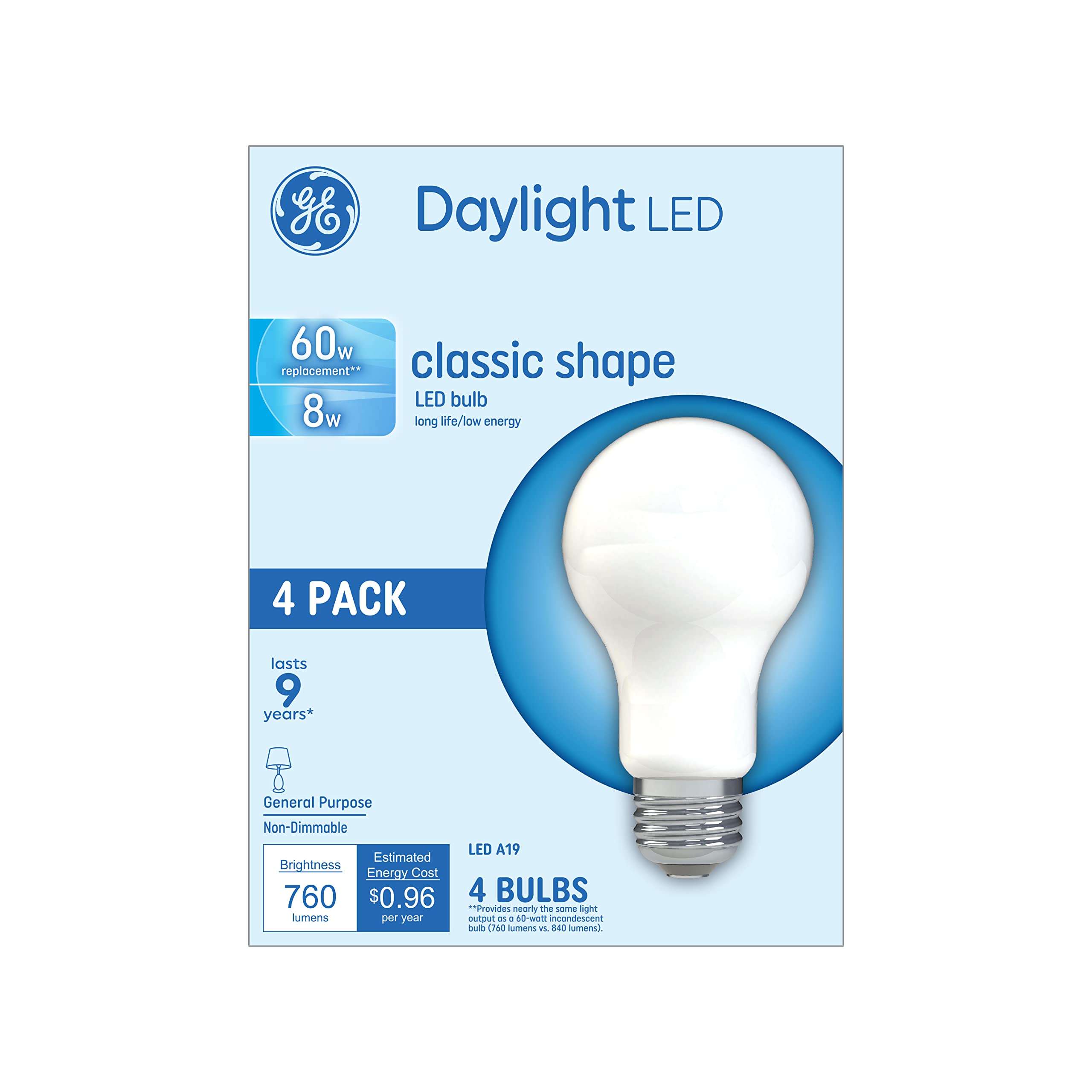 Ge Led Light Bulbs, 60 Watt, Daylight, A19 (4 Pack)