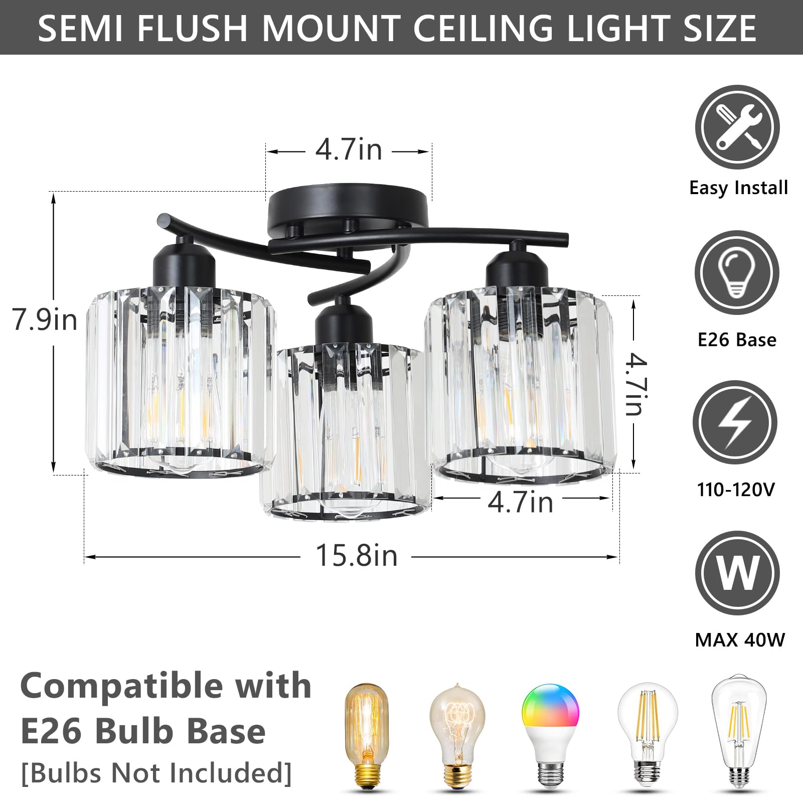Crystal Semi Flush Mount Ceiling Light 3-Light Black Close To Ceiling Light Fixtures Kitchen Light Fixture With Clear Crystal Shades Hallway Light Fixtures For Kitchen Entryway Bedroom Bathroom