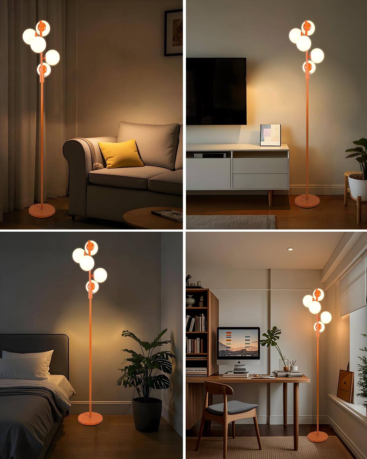 Lightdot 5-Globe Dimmable Globe Floor Lamp Orange Retro Standing Lamps With 5Pcs 3000K G9 Bulbs Stepless Brightness Adjustable M
