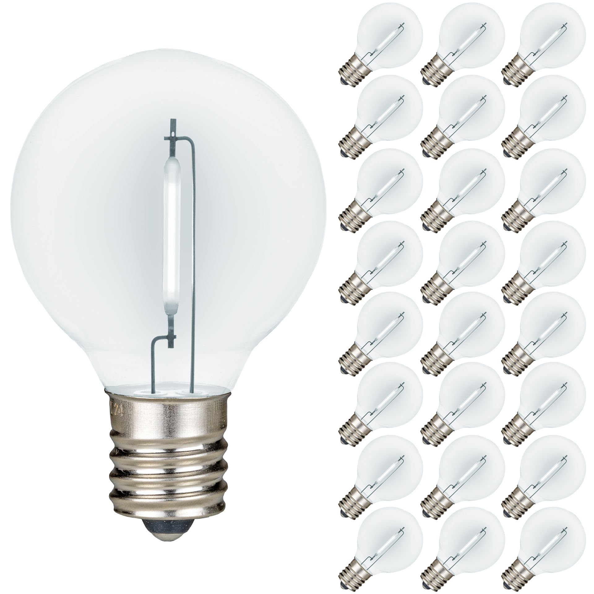 Novelty Lights 25 Pack Pure White G40 Led Filament String Light Bulbs  E12/C7 Candelabra Base  5 Watt Equivalent  Shatterproof Replacement Bulbs For Patios  Canopy Lighting