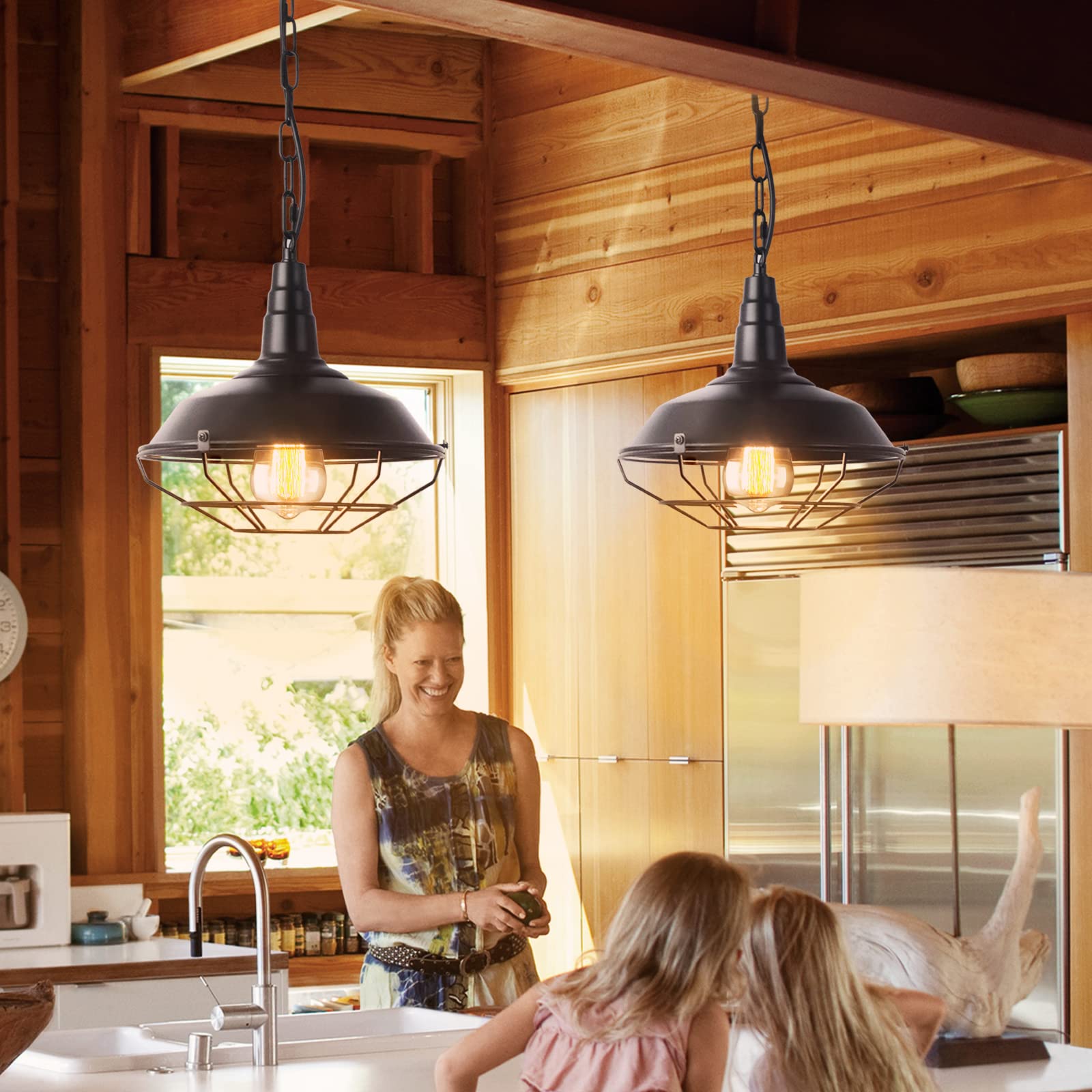 Karjearl Black Farmhouse Pendant Light - 2 Pack Vintage Metal Cage Fixtures For Kitchen & Hallway