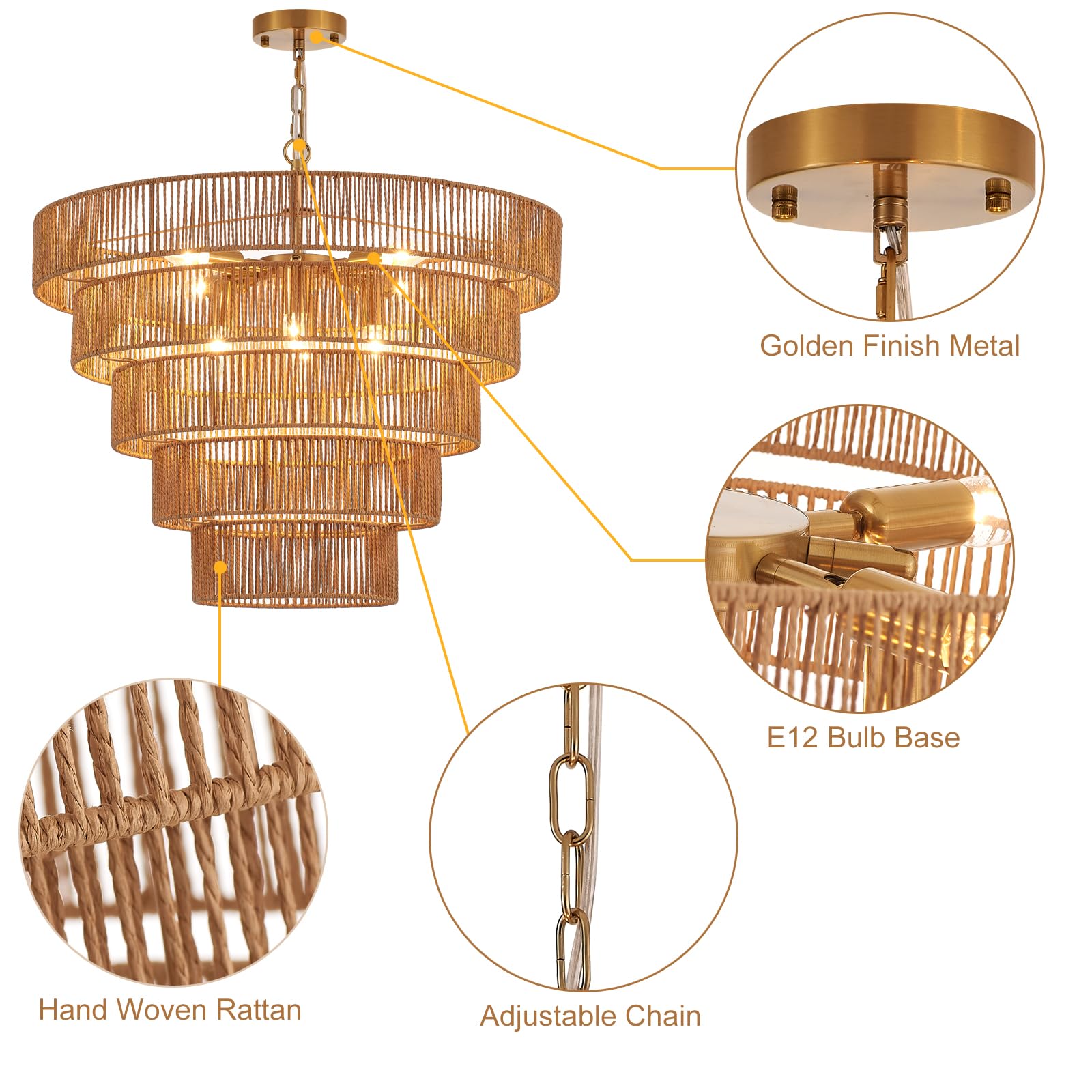 YOMECOO Rattan Chandelier - 25.6" Vintage 8-Lights Hand-Woven Gold Light Fixture for Dining Room, Kitchen, Living Room, Bedroom
